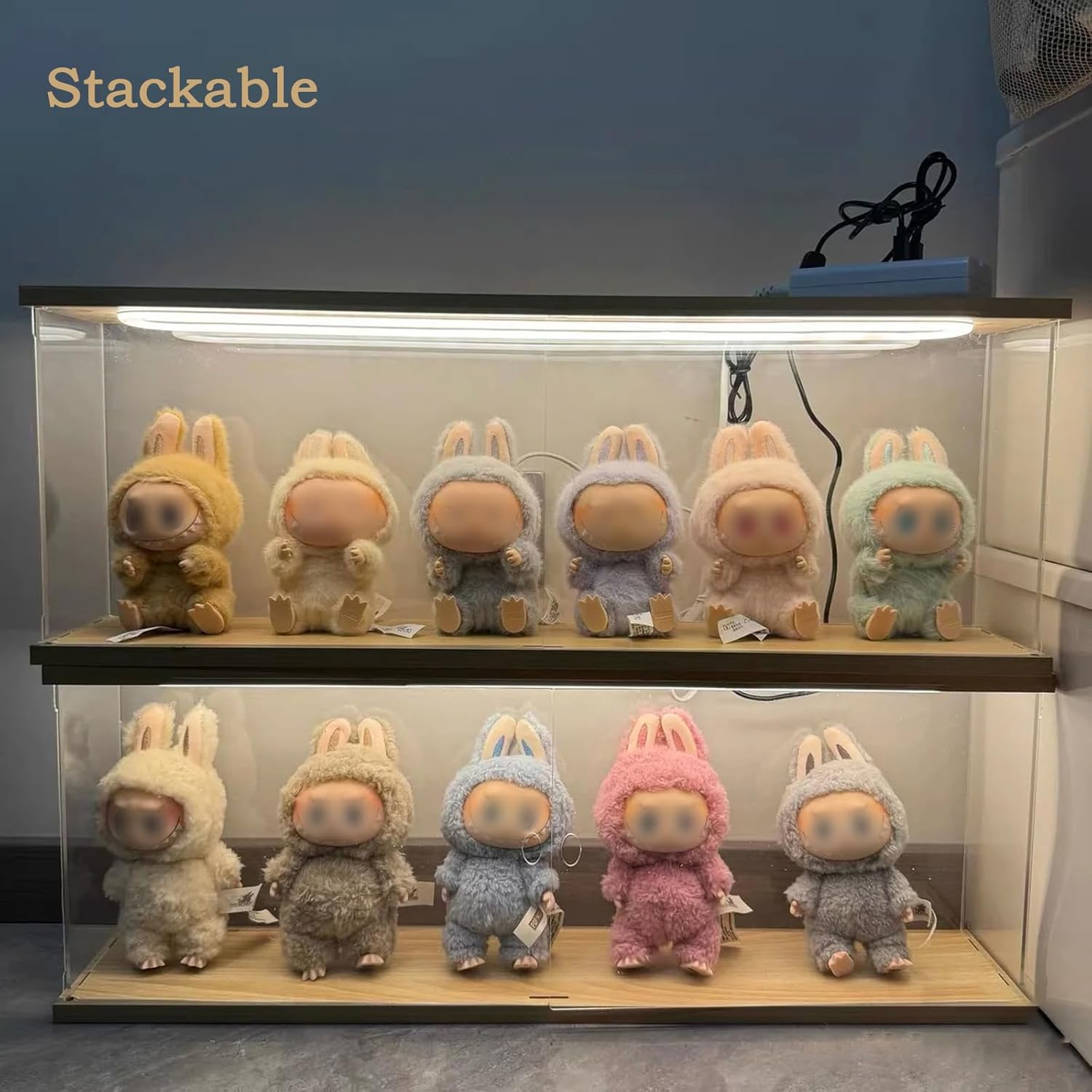 Clear Acrylic Display Case for LABUBU Doll Figures with LED Light, Wooden Display Box for POPMART The Monsters for Crybaby for SKULLPANDA Collectibles for Funko Pop with Door, 23.6x3.9x7.9in