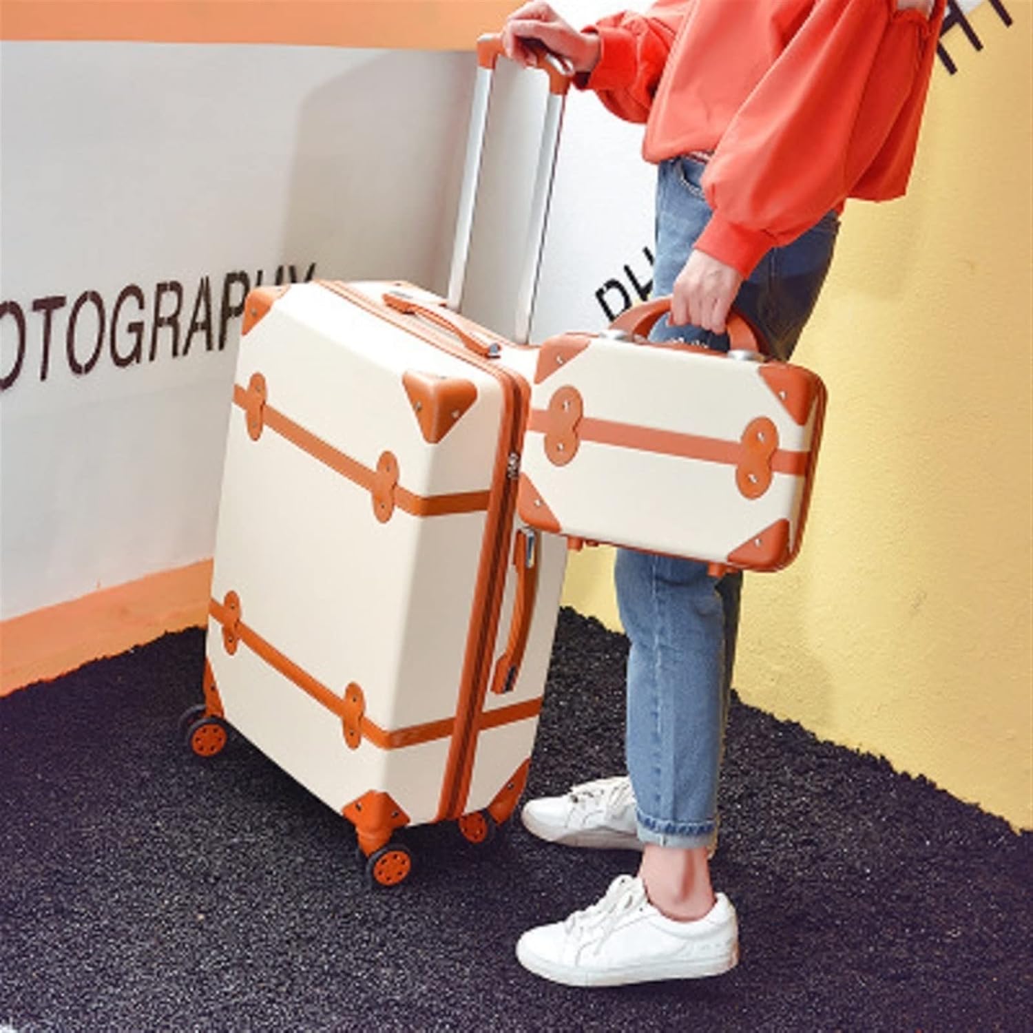review QYTECxl Carry on Luggage Inch Handbag Hard Retro Rolling Luggage Set Trolley Baggage with Cosmetic Bag Vintage Suitcase for Girls