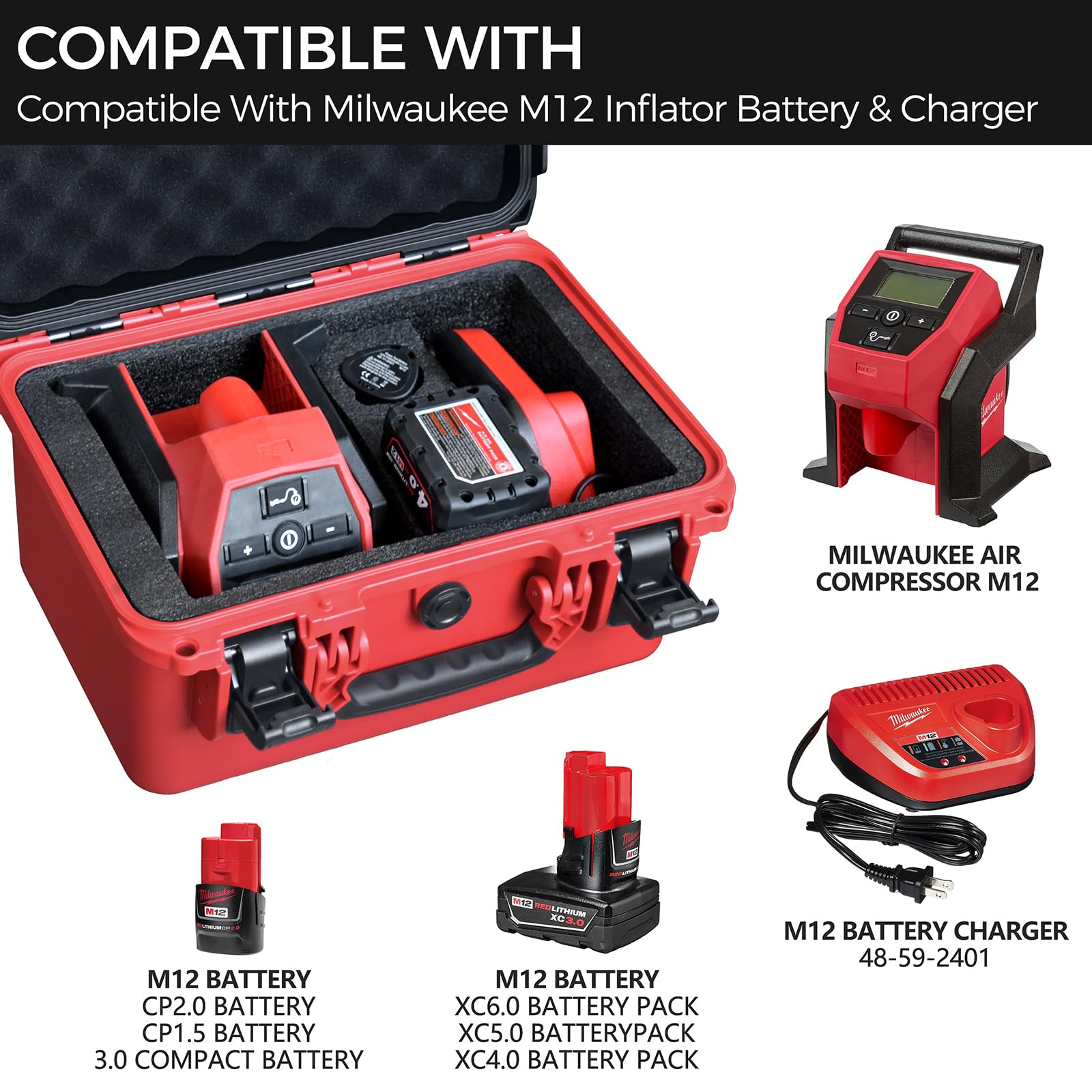 Custodia per Milwaukee M12 2475-20 Compact Inflator – Custodia Rigida Impermeabile per Pompa ad Aria con Schiuma Antiurto, Adatta per Utensili, batterie e Caricabatterie, Custodia Antipolvere