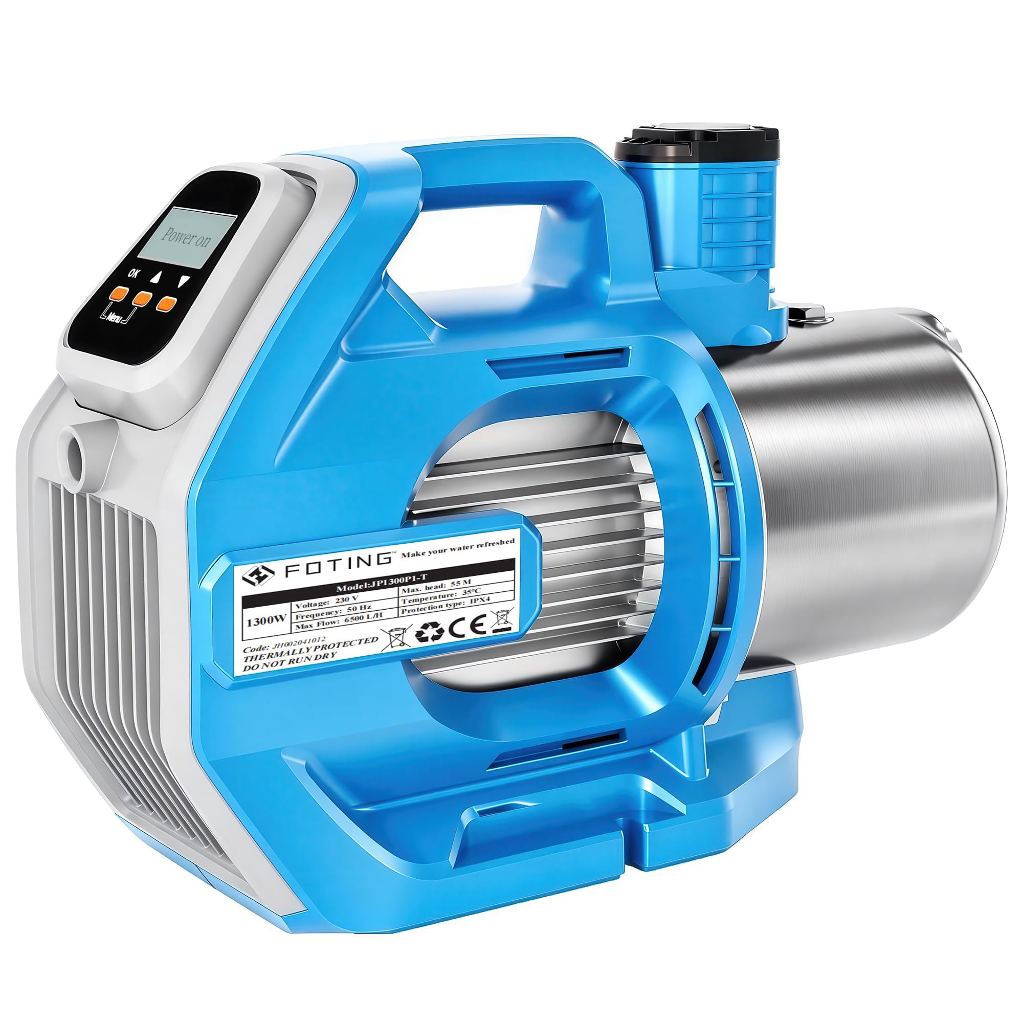 FOTING Bomba de jardín INOX - Bomba de riego alta presión con pantalla LCD y 3 botones, prefiltro (1300 W, caudal máx. 6000 l/h, presión 6 bar, altura máx. 60 m, aspiración 8 m)