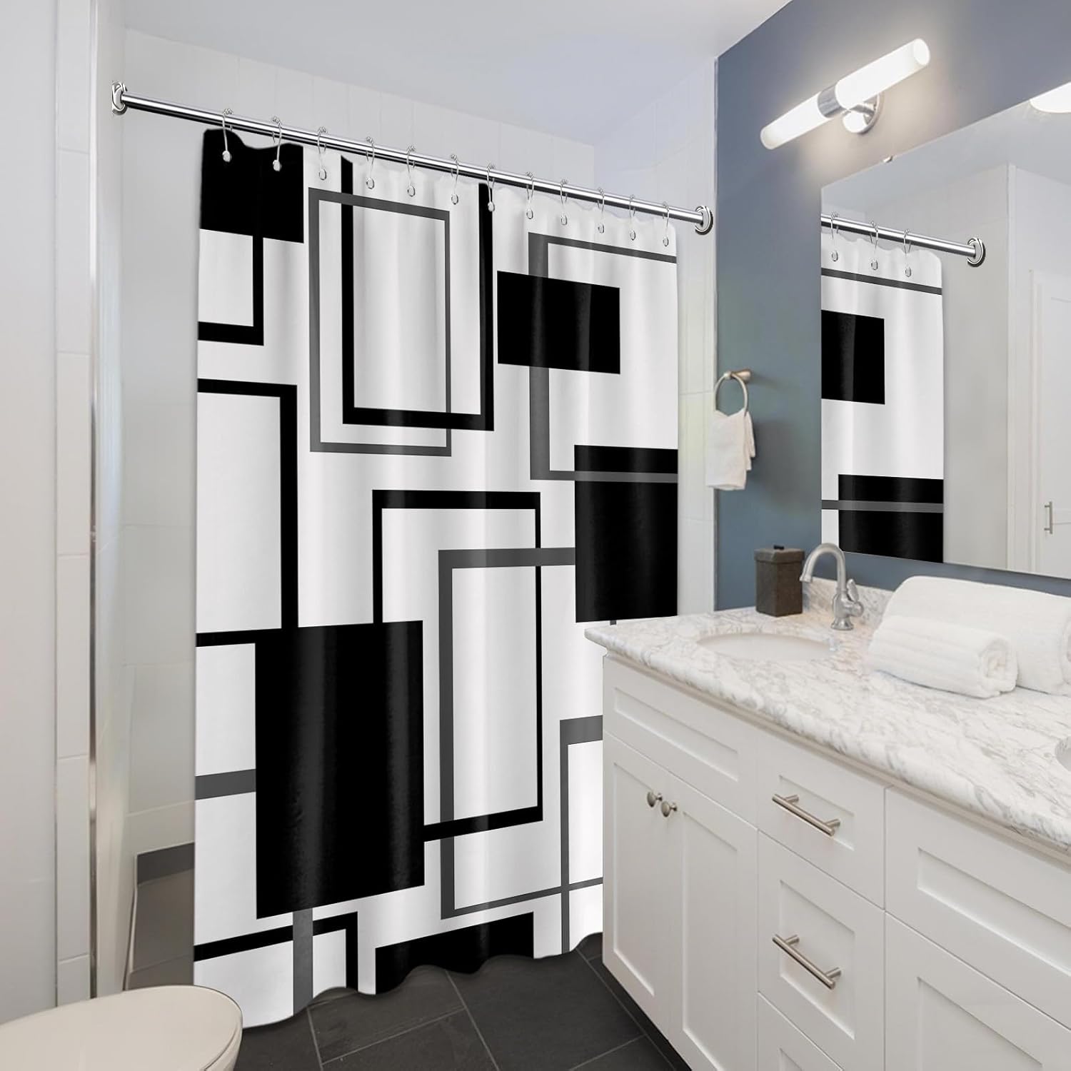 Black and White Shower Curtain Geometric Shower Curtains for Mens Bathroom Decor Black White and Grey Bath Curtain Set, Waterproof Cloth Fabric with Hooks 70 x 84 Inch