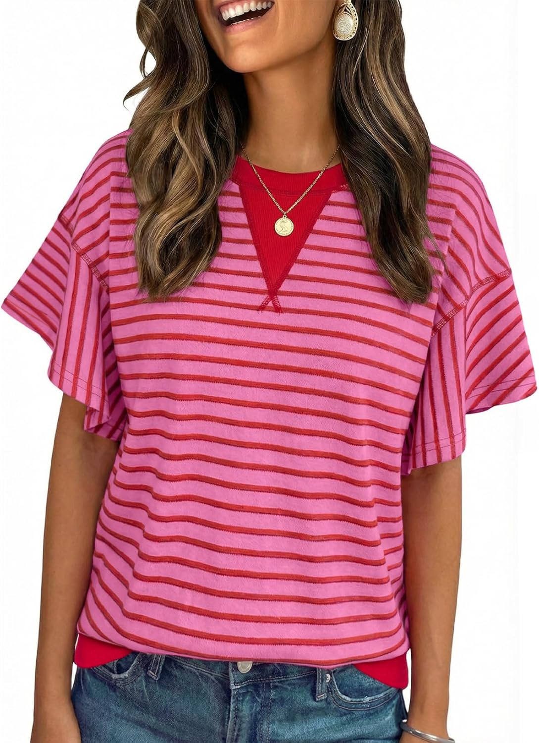 Acelitt Women Crewneck Short Sleeve Striped Tops,S-XXL