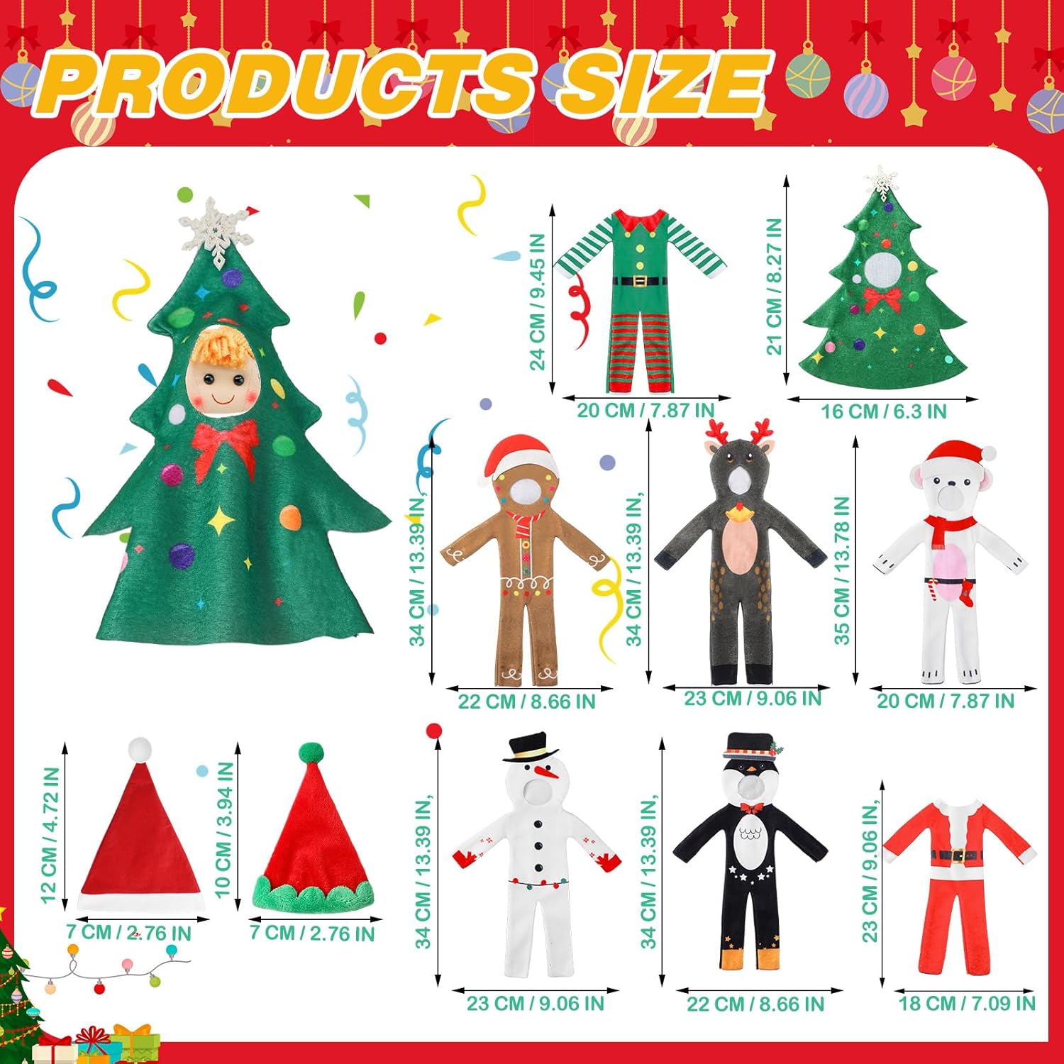 Silipull 8 Pcs Christmas Doll Clothes Bulk Christmas Doll Costume Set Xmas Tree Decor Snowman Snowflake Costume Accessories for Xmas Party Decoration(Classic Style)