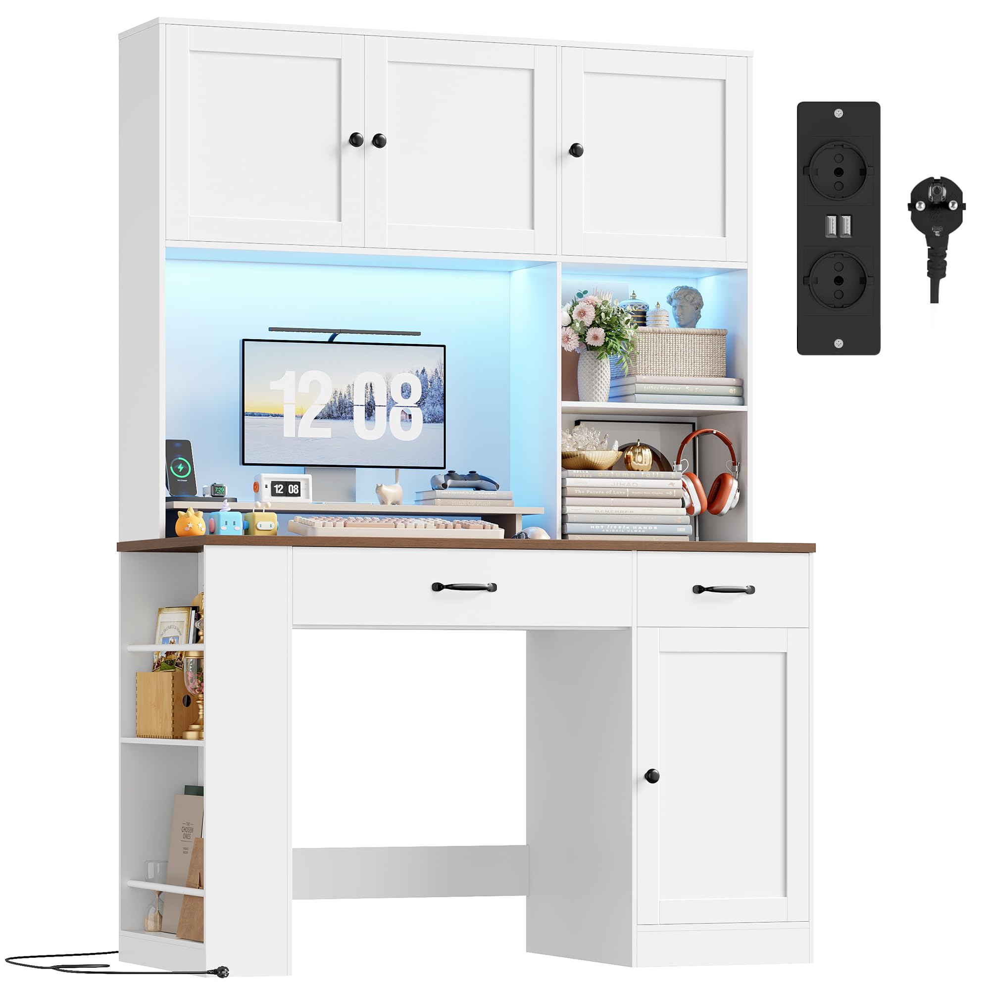 FirFurd 180cm Scrivania con Cassetti, Scrivania Gaming con Luci a LED e Prese, Scrivanie con 3 Ante, con Libreria a 2 Ripiani, Ripiani Regolabile, per Studio, Ufficio, Cameretta, 120x50x180cm, Bianco