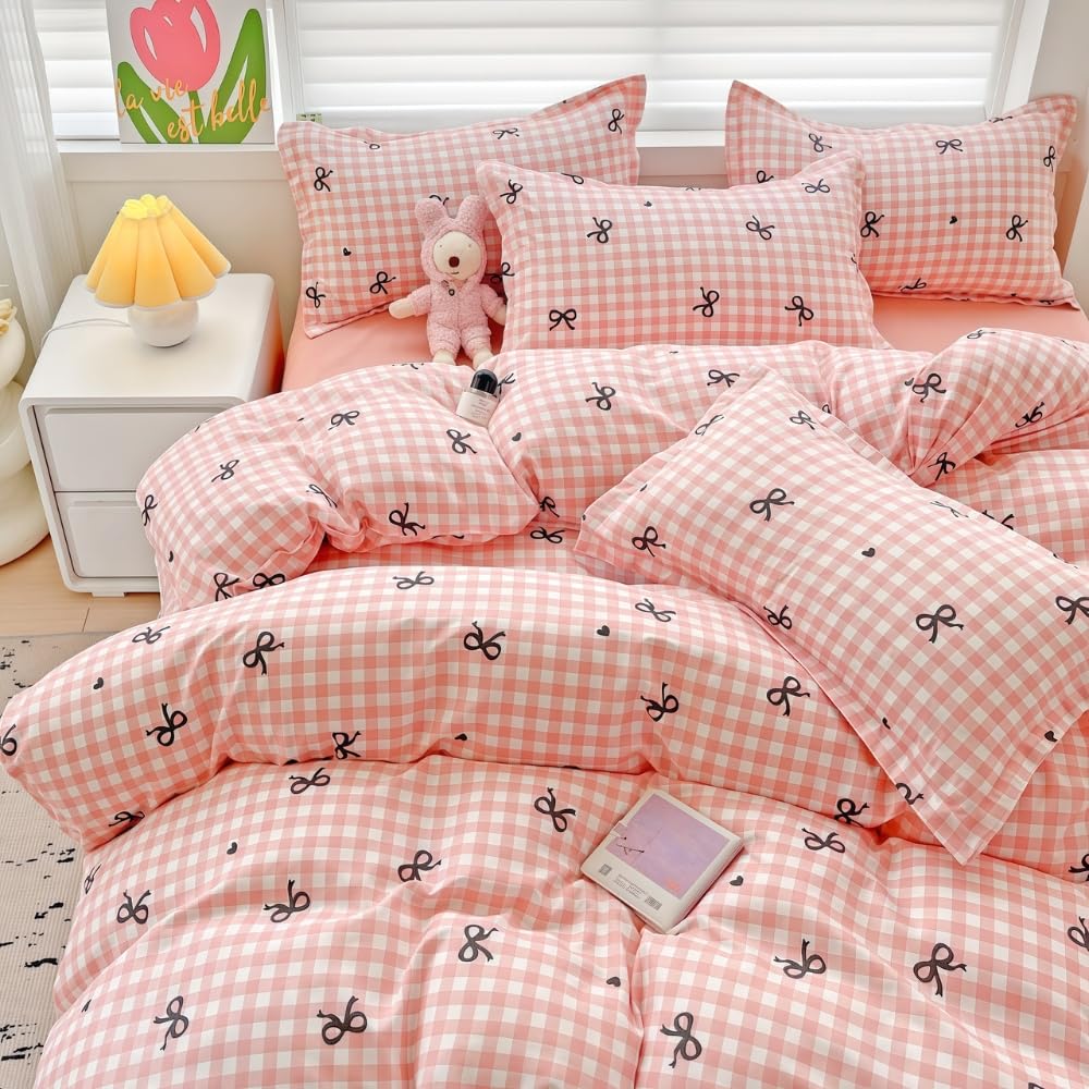 Nayoroom Bettwäsche 135x200 Rosa Kariet Schwarz Schleifen Herzen Bettbezug Set 2teilig Aesthetic Cute Mädchen Renforce Mikrofaser Modern Bettwäsche-Sets und Kissenbezug 80x80 mit Reißverschluss