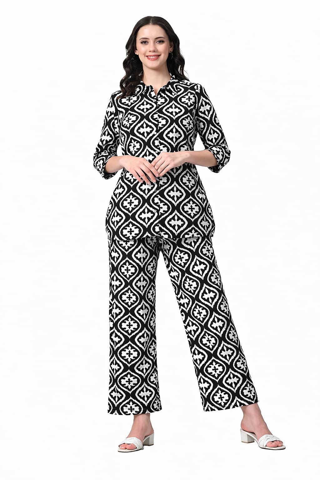 NEED & NED Women's Printed Co-Ord Set | Black & White Geometric Print Top and Pant Set | Casual & Stylish Co-Ord Outfit for Women-picture-30