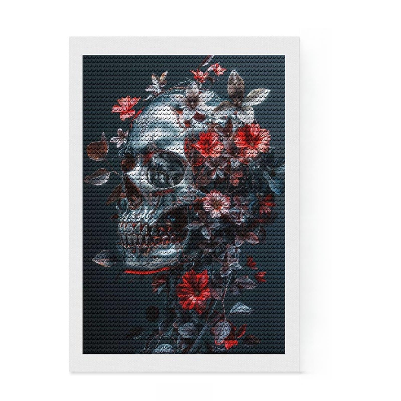 Junmoney Silver Skull of Death DIY Diamond Art Canvas Kit 8"x12", Sparkling Round Gems, Adhesive Canvas, Office Decor, Holiday Gift Idea