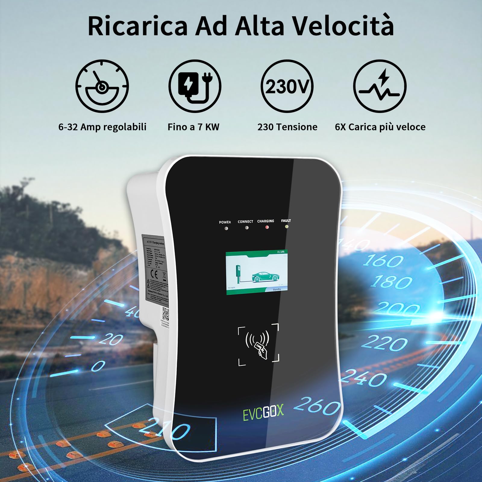 Wallbox Tera EV Charger 22kW - Tipo 2, Cavo 7m, App Control, Per Auto Elettriche, Argento