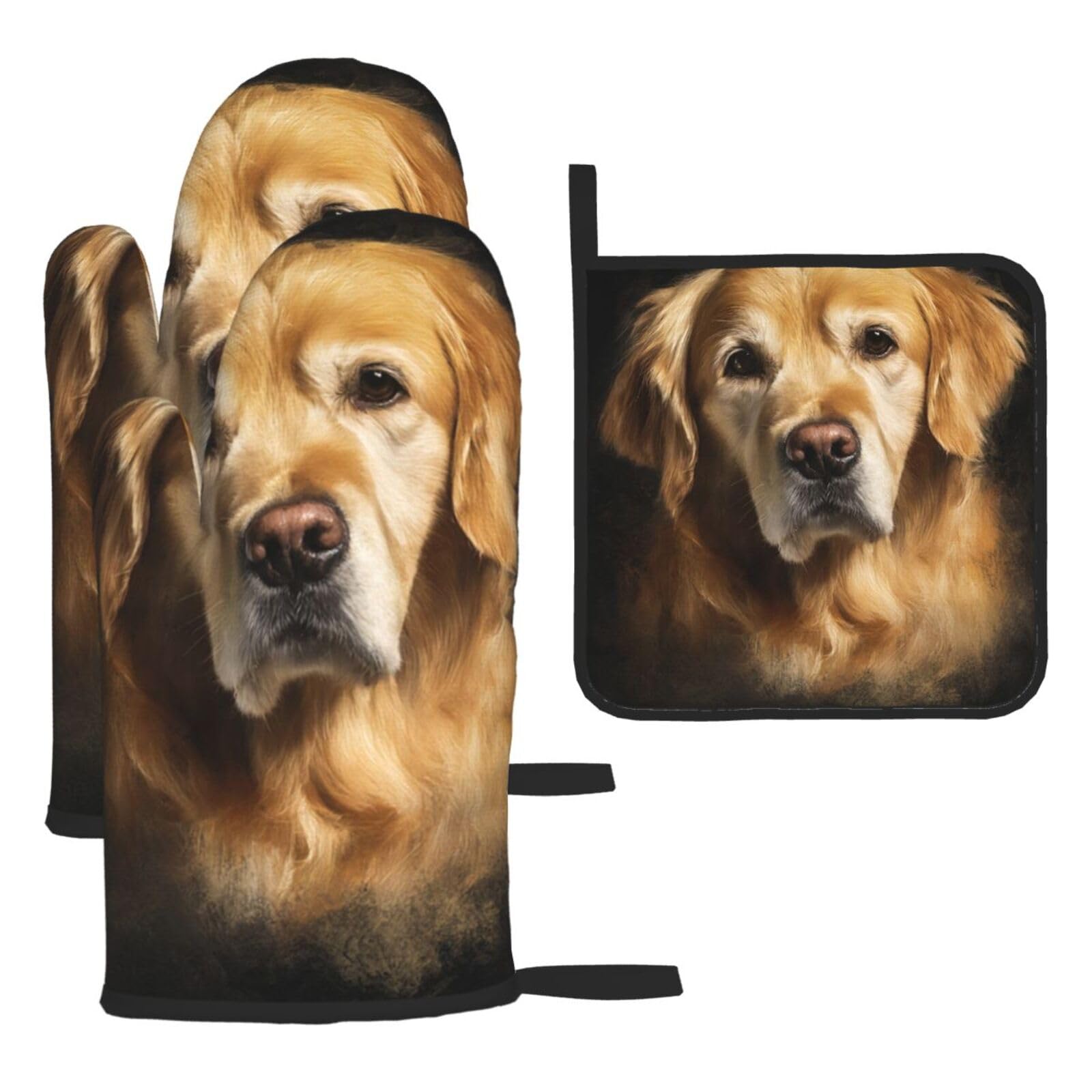 Oven Mitts and Pot Holders Sets of 3 Heat Resistant Kitchen Gloves Golden Retriever dog Oven Mitts BBQ Gloves Oven Gloves and Hot Pads Non-Slip Potholders for Kitchen Baking Cooking