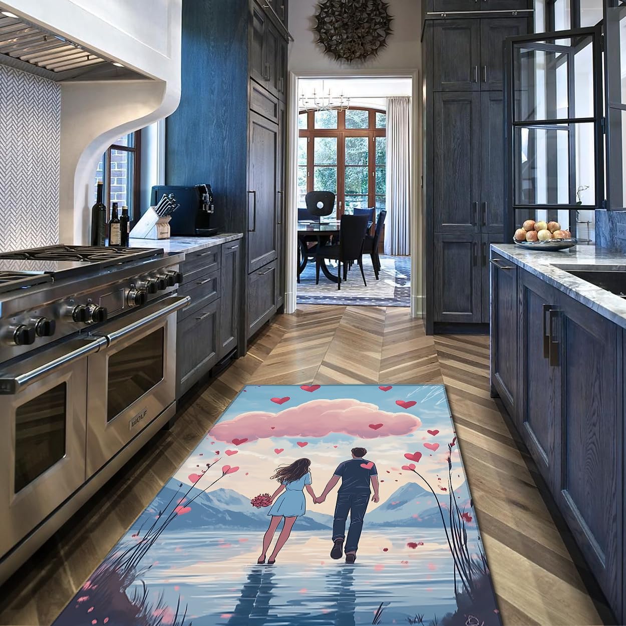 Dreamy Journey Runner Rugs 200x300cm Romantyczni miłośnicy w odbiciu wody z różowymi chmurami i wzorem serc cienki dywan antypoślizgowy szybkoschnący