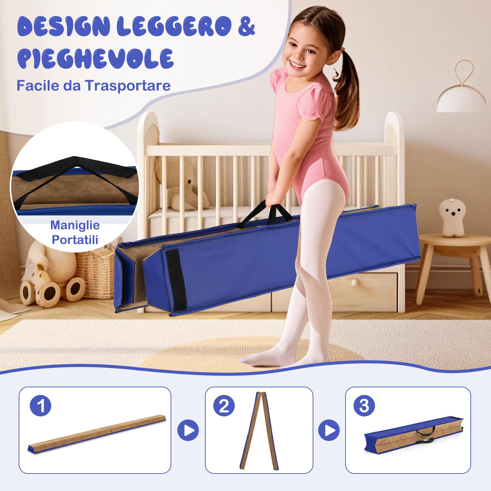 COSTWAY Trave da Ginnastica per Bambini Pieghevole 240 cm, Trave di Equilibrio Portatile conSuperficie in Pelle Scamosciata e Schiuma Morbida, Attrezzatura per Ginnastica a Casa