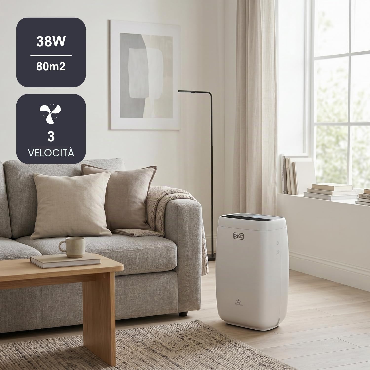 Black+Decker BXAP350E - Purificatore d'Aria con Sensore di Qualità dell'Aria Ultra-Silenzioso, 350 m³/h, Triplo Filtraggio e Indicatore di Cambio Filtro, Modalità Notturna