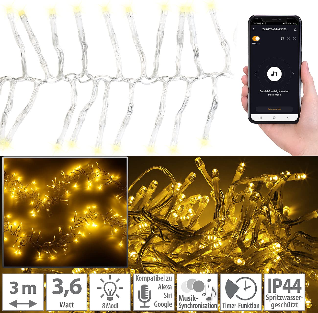 Lunartec Lichterkette Smart: 2er-Set WLAN-LED-Büschel-Lichterketten, 300 LEDs, App, 6m, transparent (Cluster-Lichterkette außen, App gesteuerte Lichterketten, Dimmer)