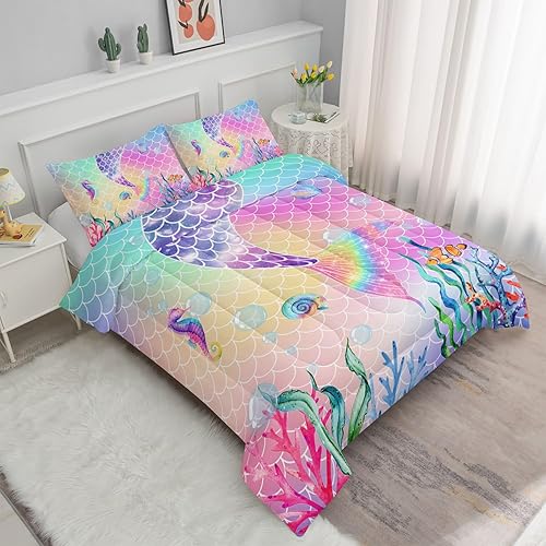 Miniatura 2 de Datura home Juego de edredón de cama con estampado de cola de sirena rosa arcoíris con 1 y 2 fundas de almohada para dormitorio de niñas para todas