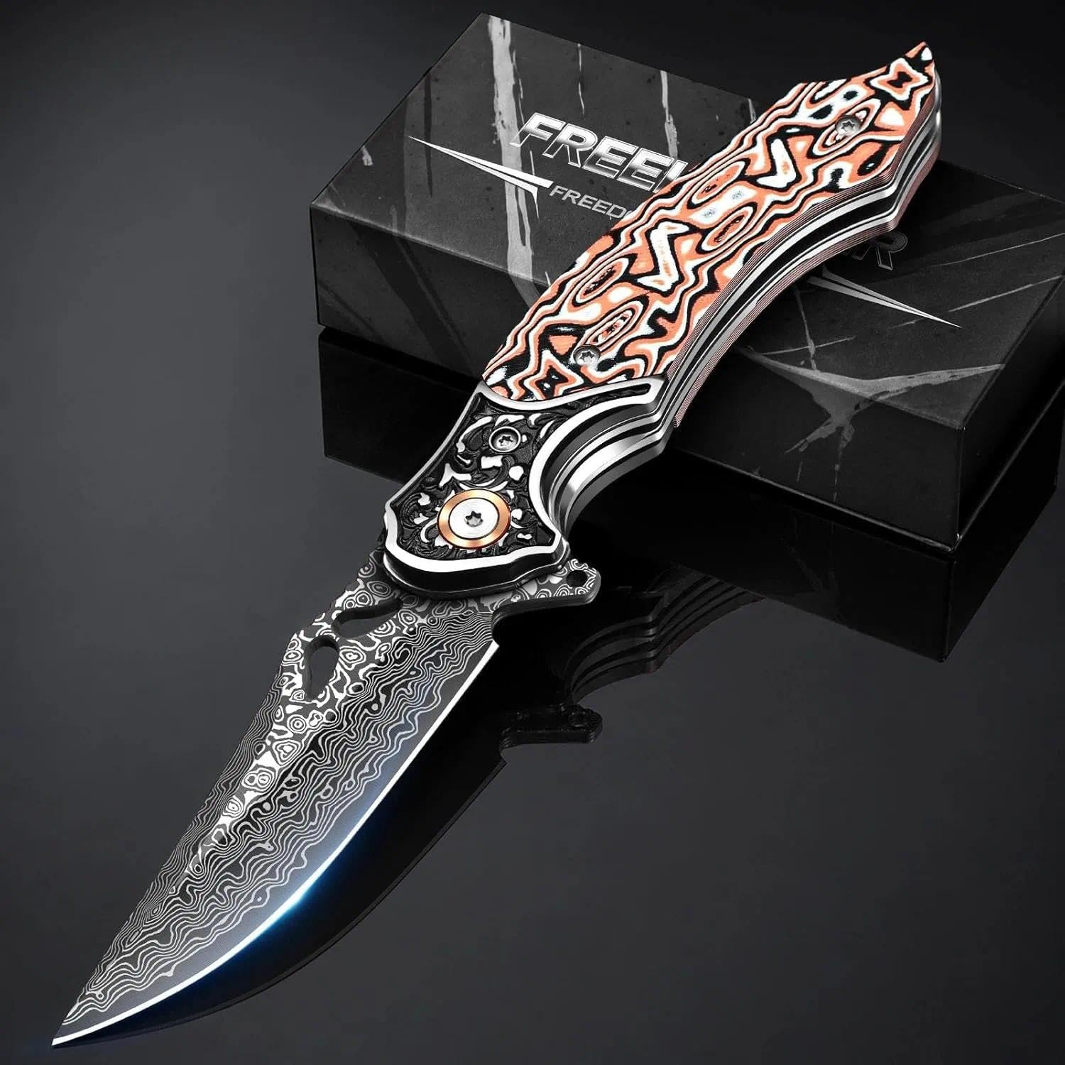 Freelander Damast Taschenmesser Klein, Outdoor Klappmesser aus Damaststahl
