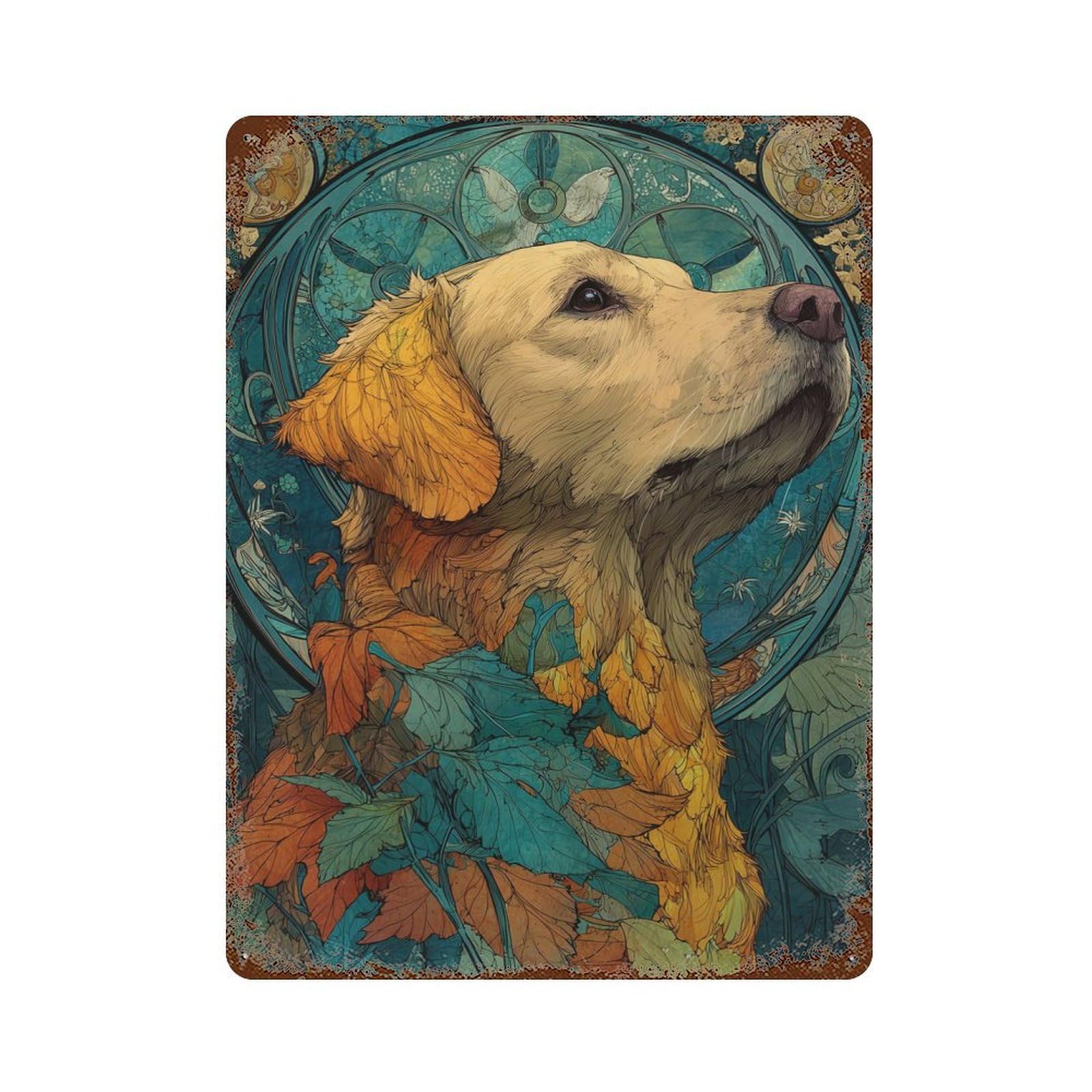Golden Retriever in Autumnal Art Nouveau Vintage Rust Metal Sign 15.7"x11.8", for Basement, Hobby Room And Garage Decor, Farmhouse Wall Decor