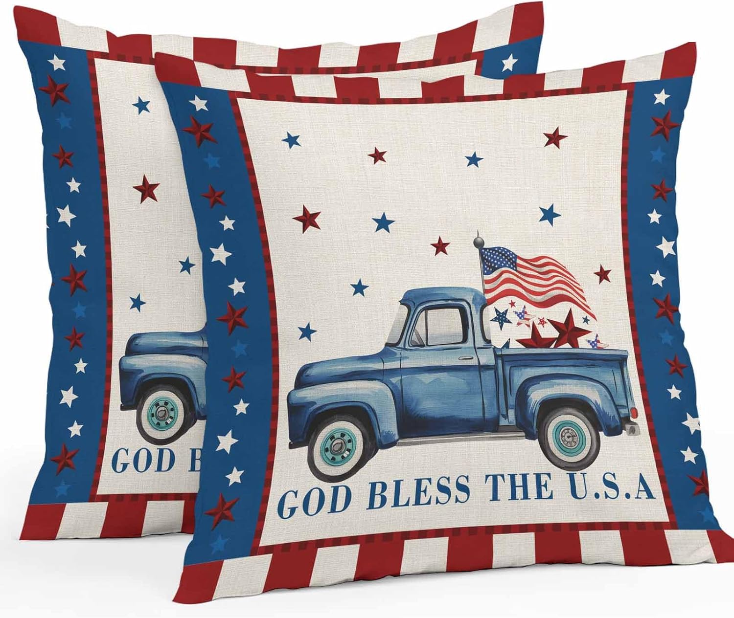 Independence Day Outdoor Pillow Covers Set of 2,Farm Blue Truck American Flag Star Decorative Waterproof Throw Pillow Case, Patriotic Red Plaid Cotton Linen Soft Cozy Cushion Pillowcases 20x20In
