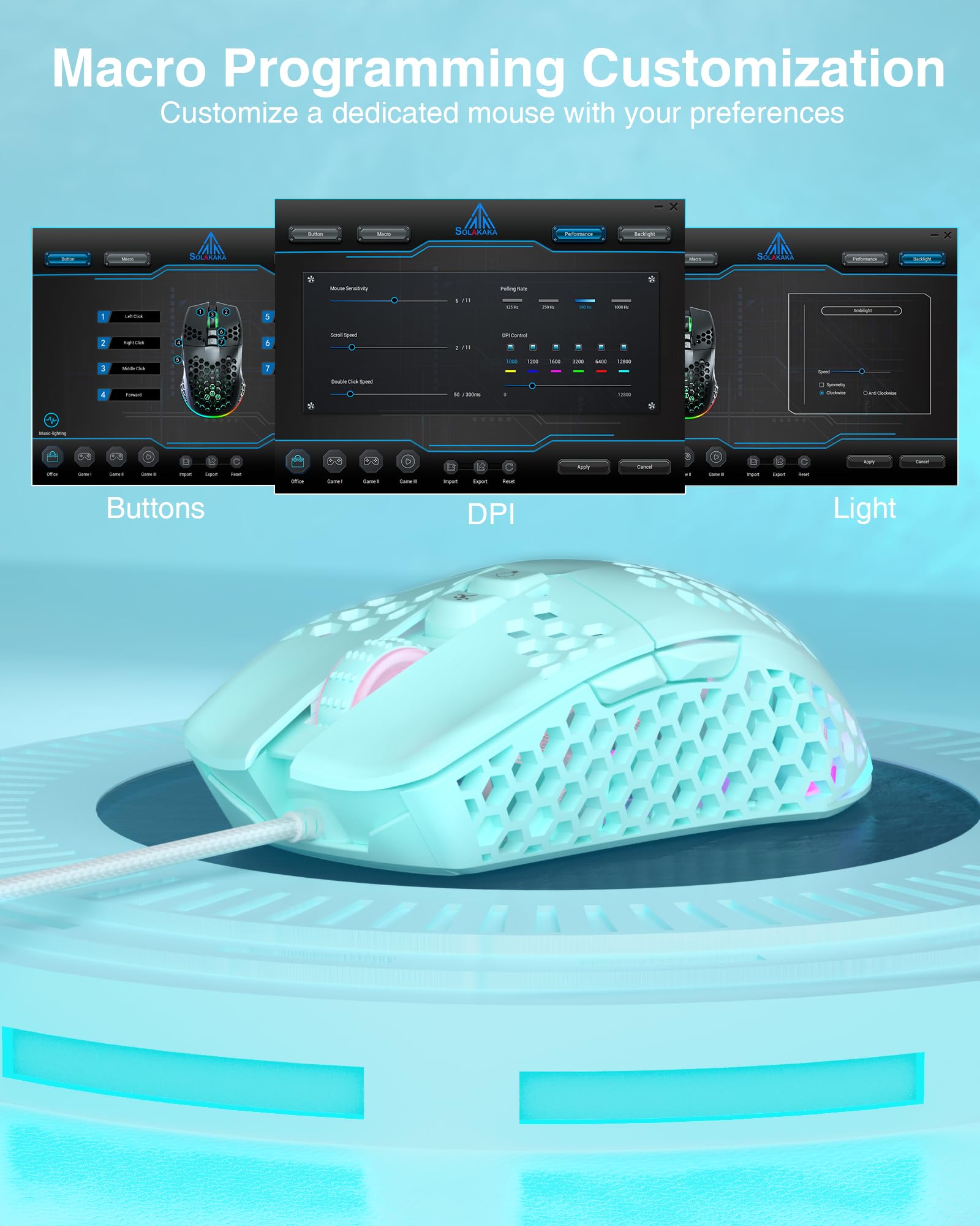 SOLAKAKA SM900 Zielona przewodowa mysz do gier z powłoką o strukturze plastra miodu, 12800 DPI, 7 programowalnych przycisków, lekka mysz do gier, ergonomiczna mysz komputerowa do gier z systemem