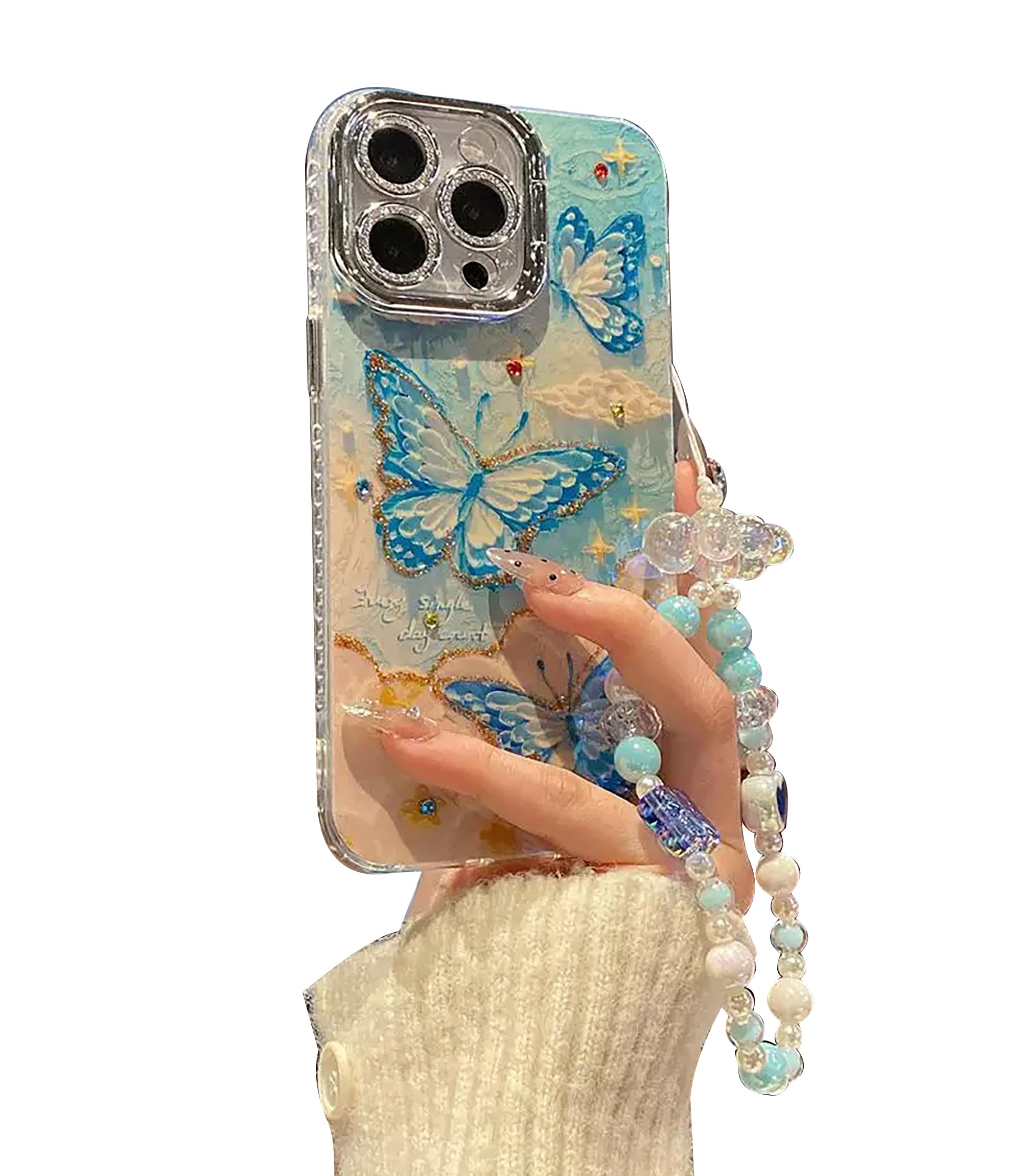 iFiLOVE for iPhone 16 Pro Max Case with Camera Stand, Cute Luxury Bling Glitter Diamond Oil Painting Blu-ray Butterfly Strap Case Cover for Girls