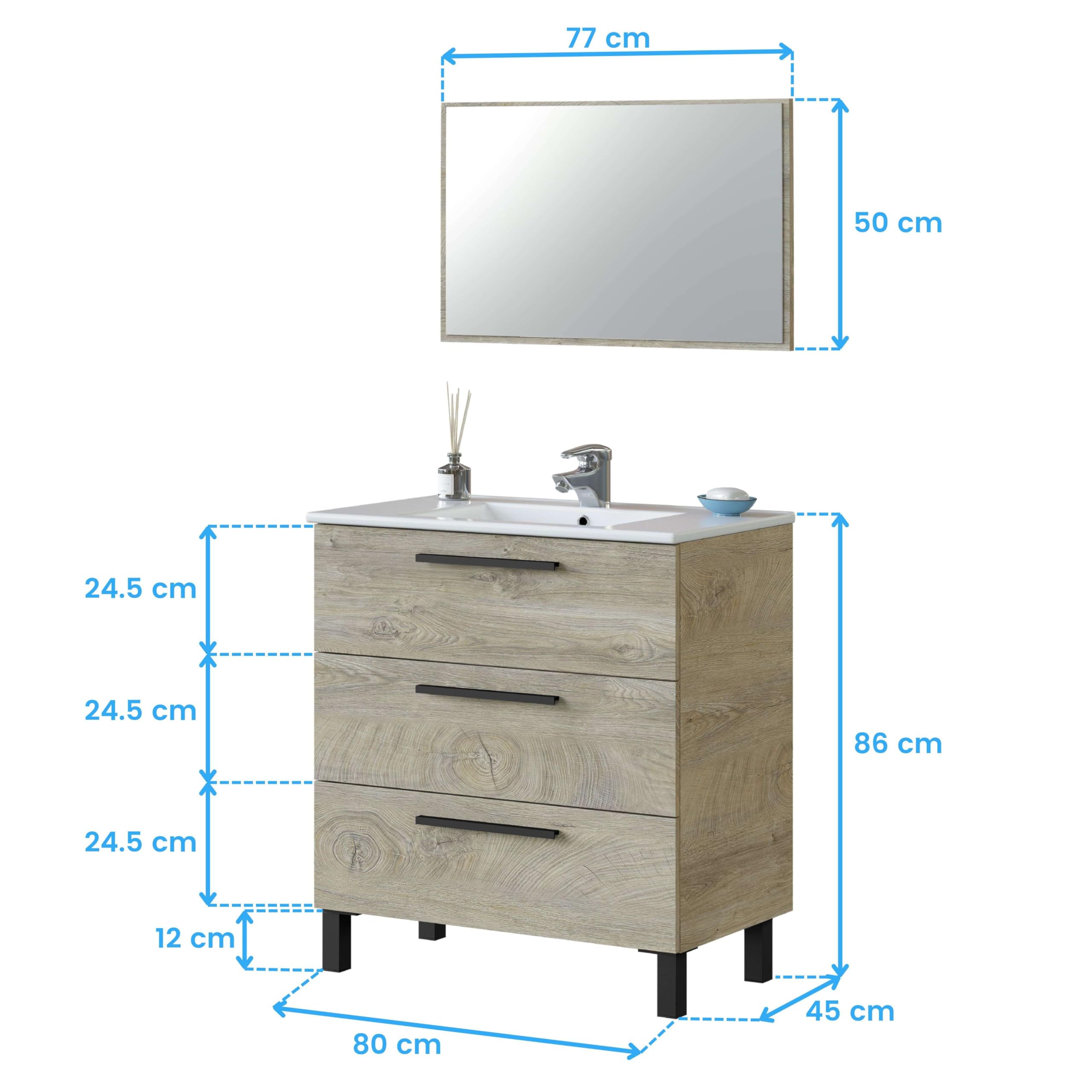 Miroytengo Pack Baño Completo Roble Alaska Mueble Baño, Columna de baño, Espejo y Lavabo Cerámico Incluido