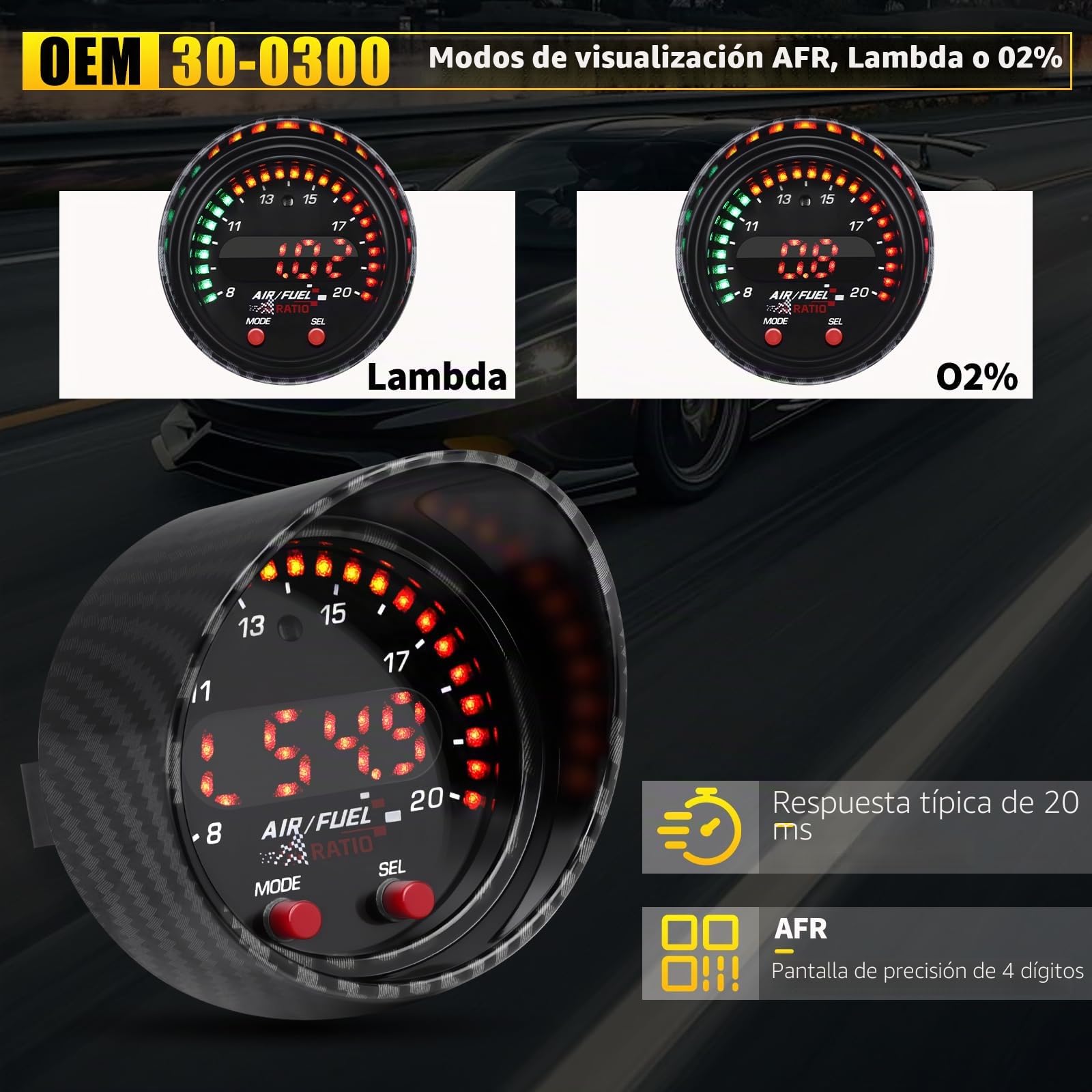 KAOLALI 30-0300 X-Wideband UEGO AFR Sensor Controller Display, 30-0300 X-Series AFR Sensor Controller Display Gauge Air Fuel Ratio 52 mm (2-1/16") Display Auto