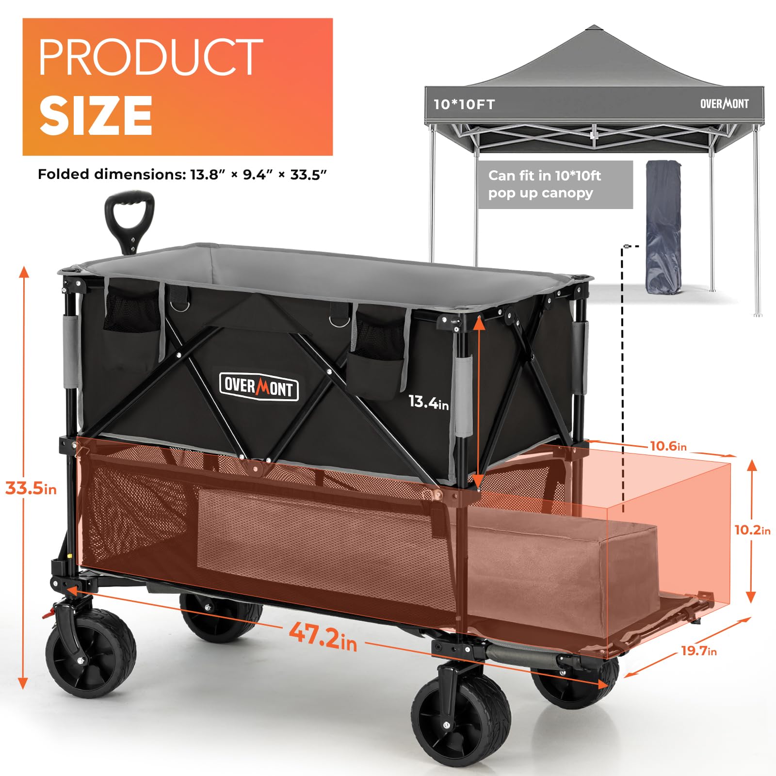 Overmont Doppeldecker Bollerwagen Faltbar 400I - Klappbar mit Geländegängige Breite Räder - 132cm extra Lange Verlängerung - bis 200kg Tragkraft - für Camping Sport Einkaufen Garten Strand Schwarz