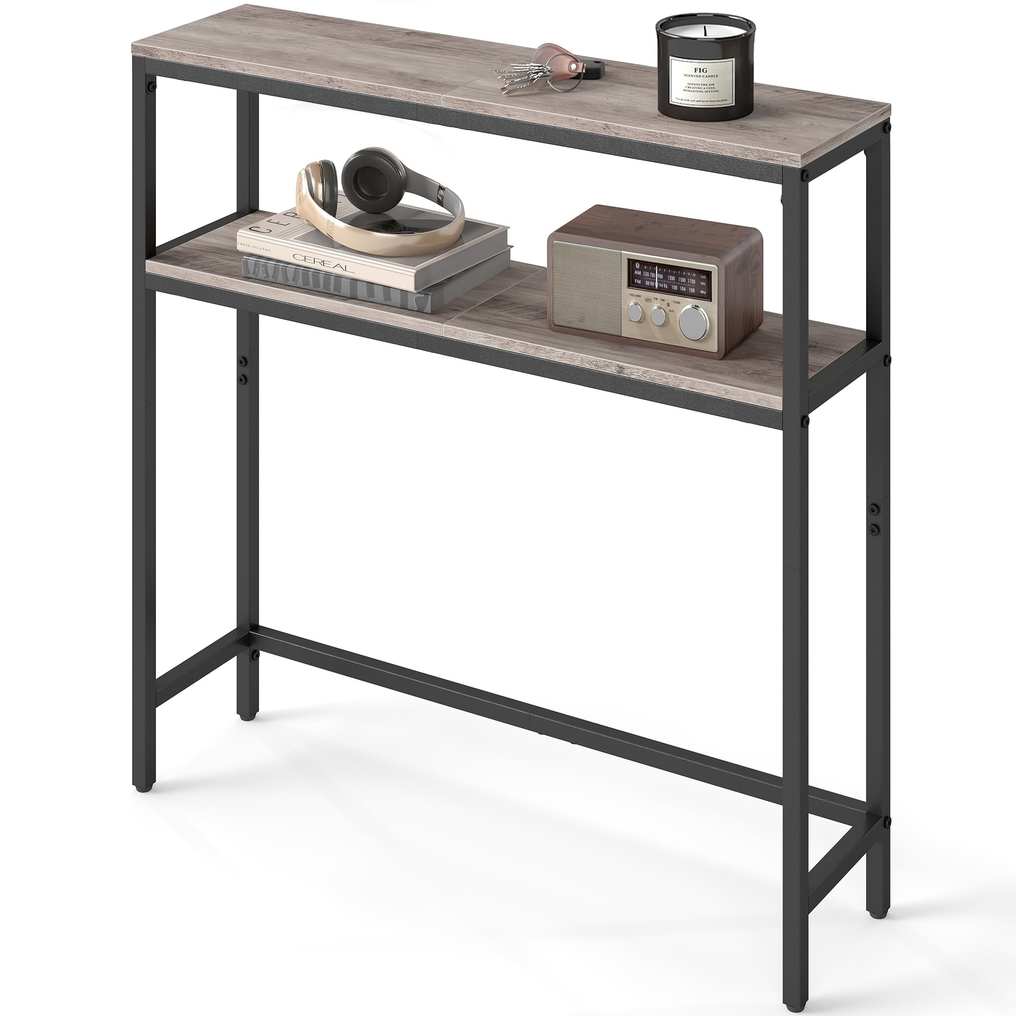 VASAGLE Console Table, 2-Tier Slim Sofa Table, 20 x 80 x 80 cm, Hallway Table with 2 Shelves, for Living Room, Entryway, Heather Greige and Ink Black LNT130K02V1
