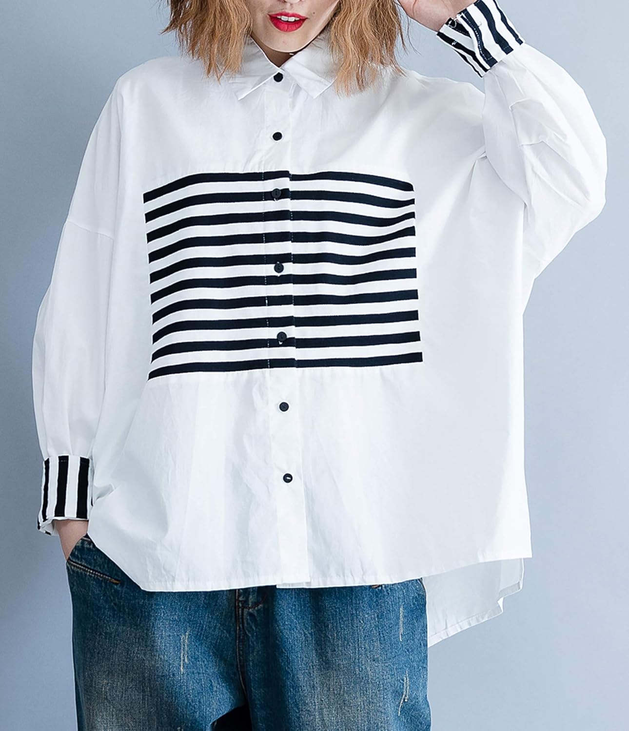 ellazhu Women's Relaxed Striped Button-Up Long-Sleeve Collar Cotton Blouse Shirt GA2075 A - Image 3