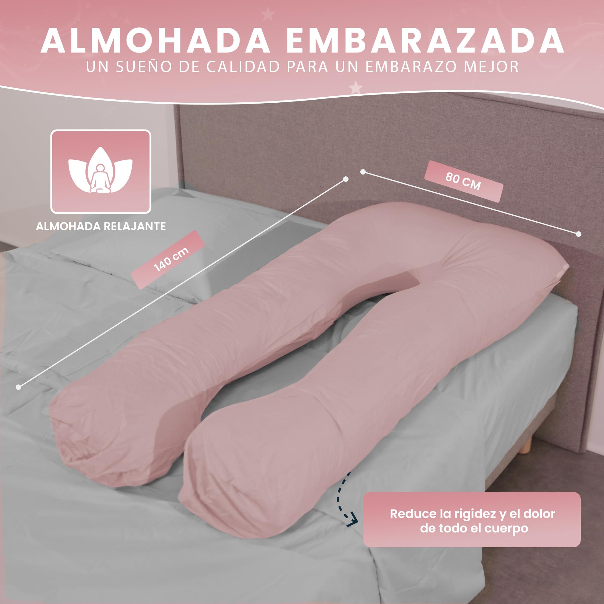 bananair - Almohada Embarazada - Funda Lavable - Cojín Embarazada Dormir y Lactancia en Terciopelo, Suave y Agradable - Relleno de Espuma, Cómodo - Sueño Reconfortante (140 x 80 cm, Algodón, Rosa)