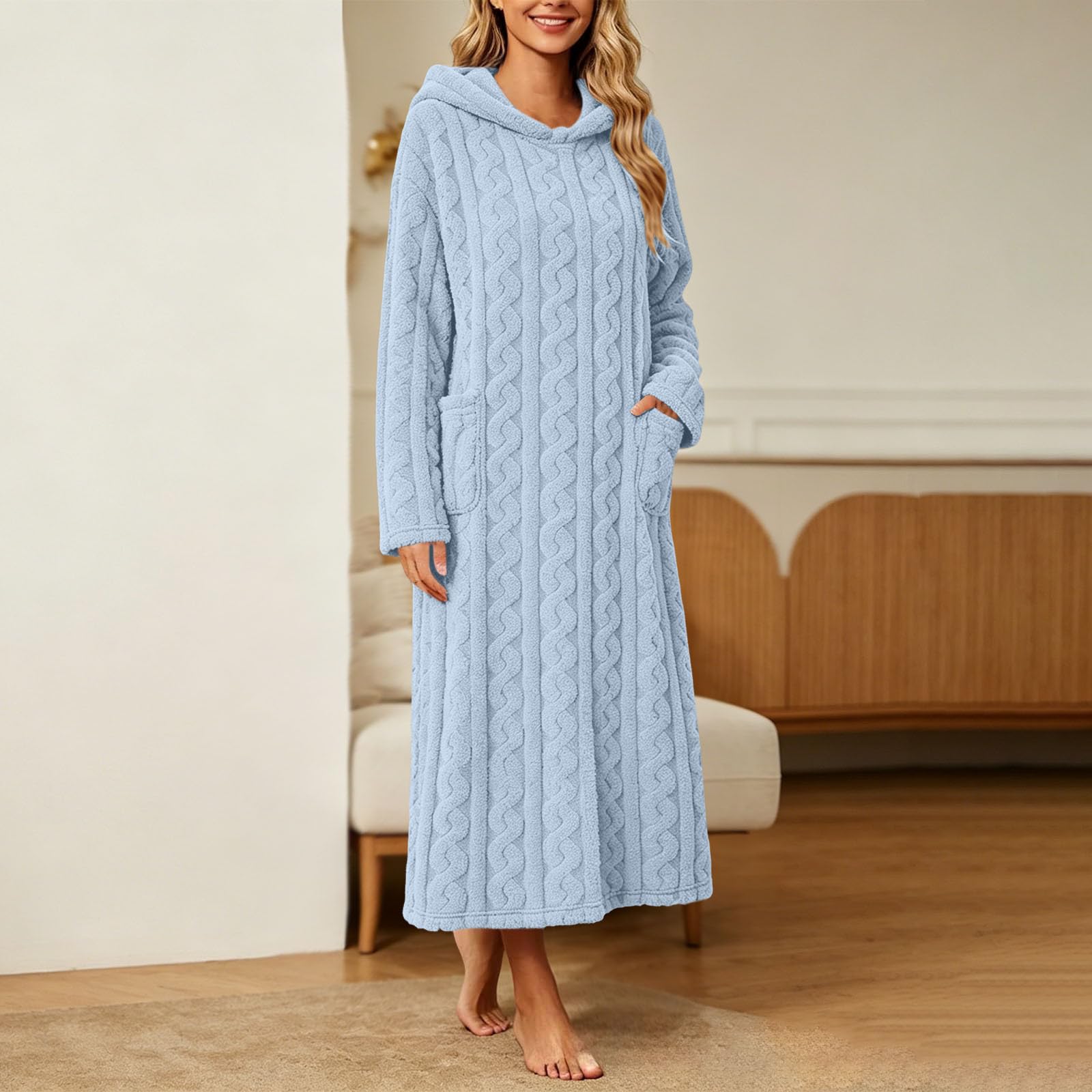 Albornoz con capucha para mujer, para otoño e invierno, cómodo, suave, largo, acogedor, cálido, de forro polar, con bolsillos, manga larga, mullido, de felpa, grueso, a la moda