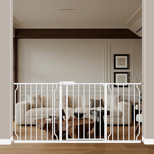 WAOWAO Puerta de seguridad para bebés de 62.19-66.88" extra ancha con montaje a presión, puerta oscilante con cierre automático, puerta de metal