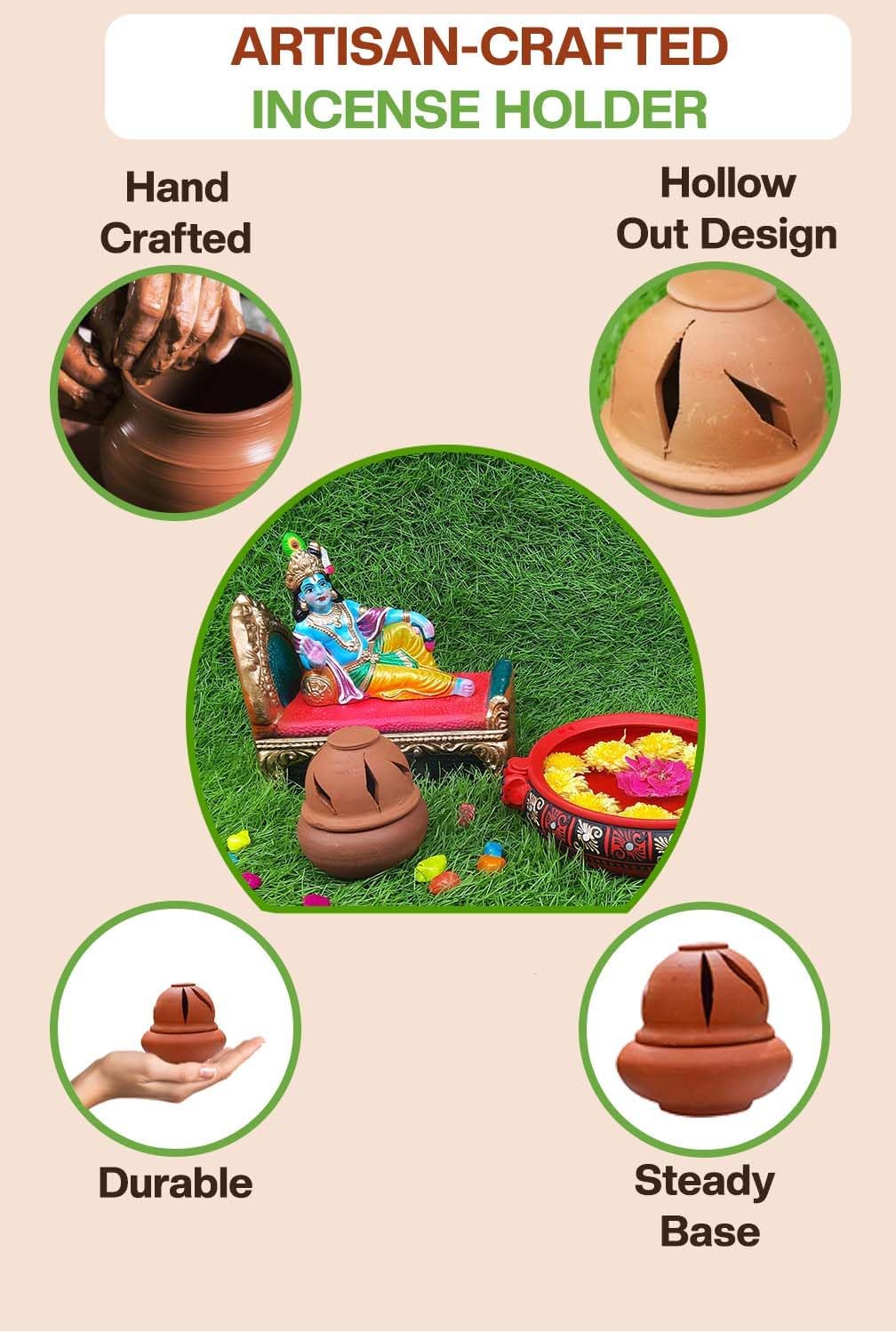Village Decor Clay Brown Color Cone Sambrani Holder with lid/Dhoop Guggal/Incense Holder (Pack-3) Height ; 9 cm