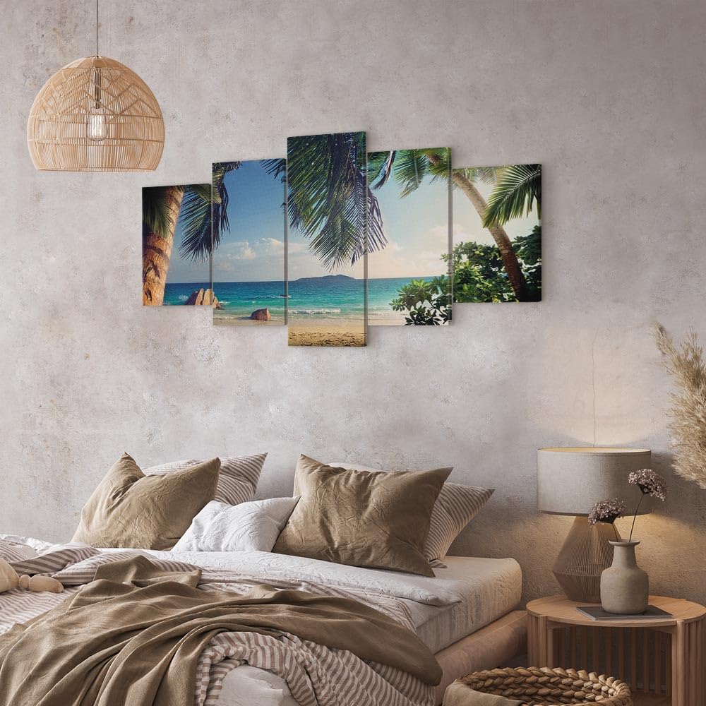 B&D XXL - Leinwandbild Palmen tropisch Landschaft, 225x112 cm, 5-teilig | Hochwertige Leinwand, sofort aufhängbar, ideal fürs Wohn- oder Schlafzimmer, wasserfest und lichtecht, langlebig, stilvoll