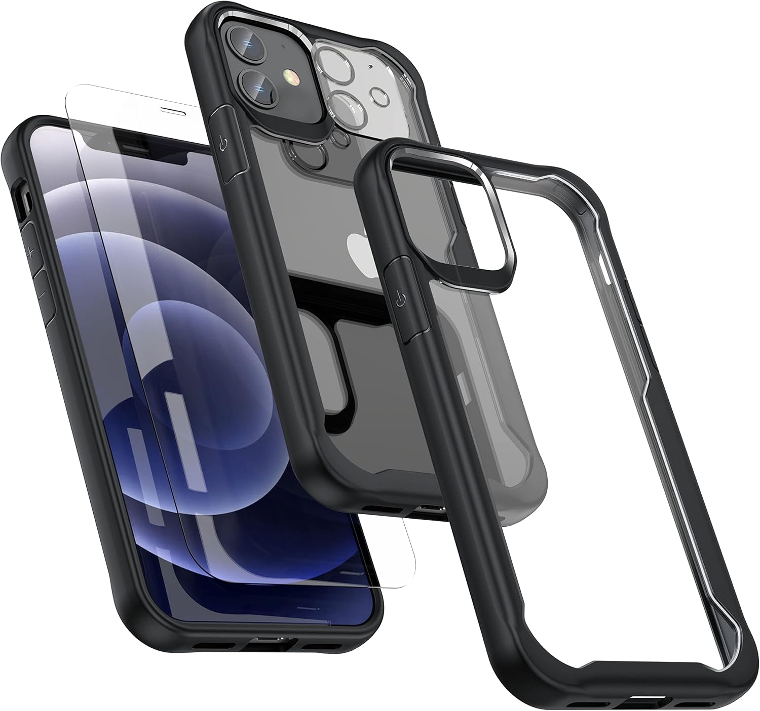 ORETech Designed for iPhone 12 Case,with[2 x Tempered Glass Screen Protector][Camera Lens Protector]Non-Yellowing Full Body Silicone Protective Shockproof Slim Fit Clear Case for iPhone 12 -6.1"Black