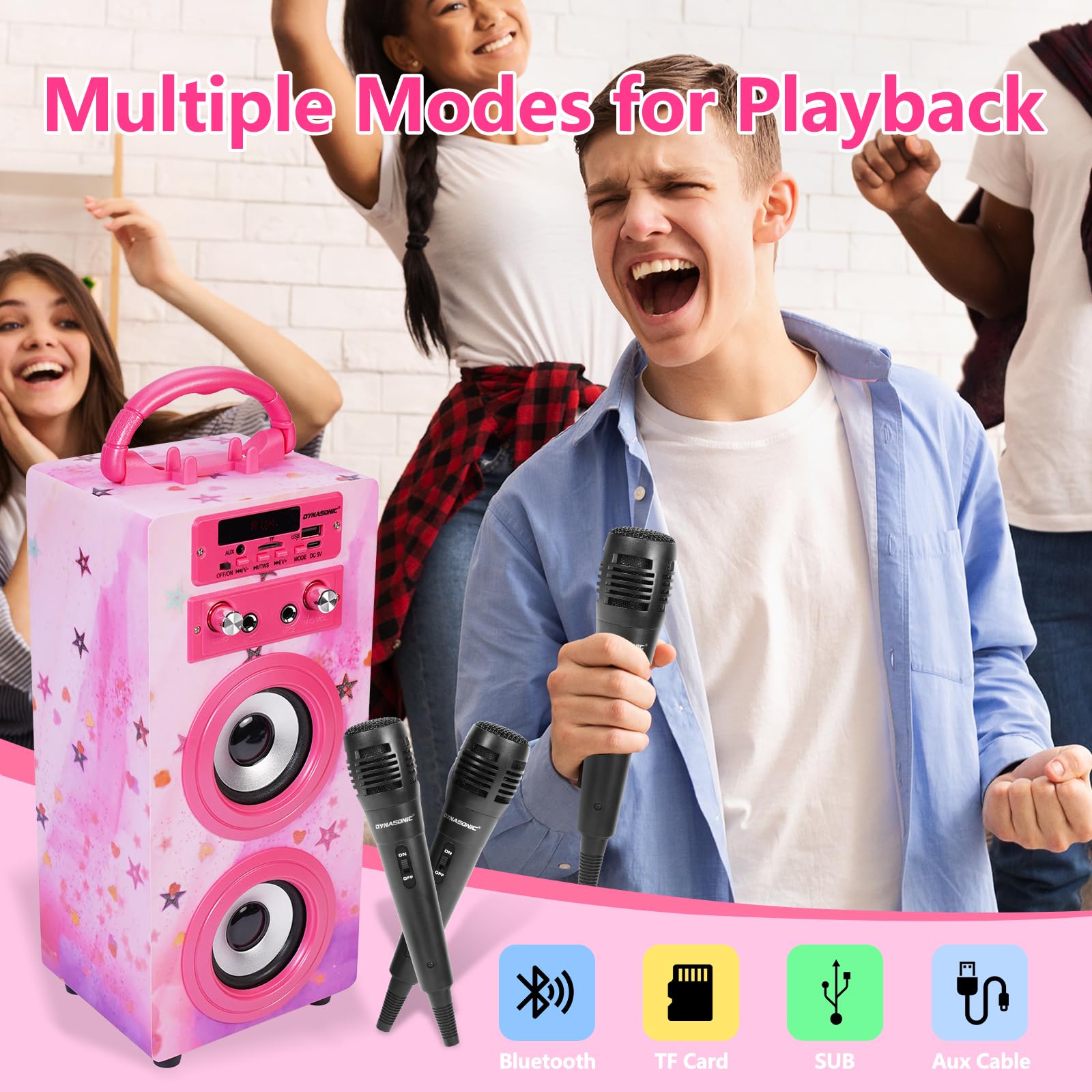 DYNASONIC Przenośna maszyna do karaoke, 2 mikrofony, głośnik Bluetooth, światła, czytnik USB i SD, prezent dla dzieci w wieku 5-13 lat (025-15 LIGHTS)