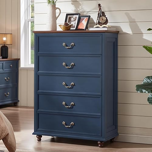 Cómoda de 5 cajones estilo granja para dormitorio, cofres de cajones rústicos de 45" de alto con 4 patas de madera maciza, cómodas de almacenamiento
