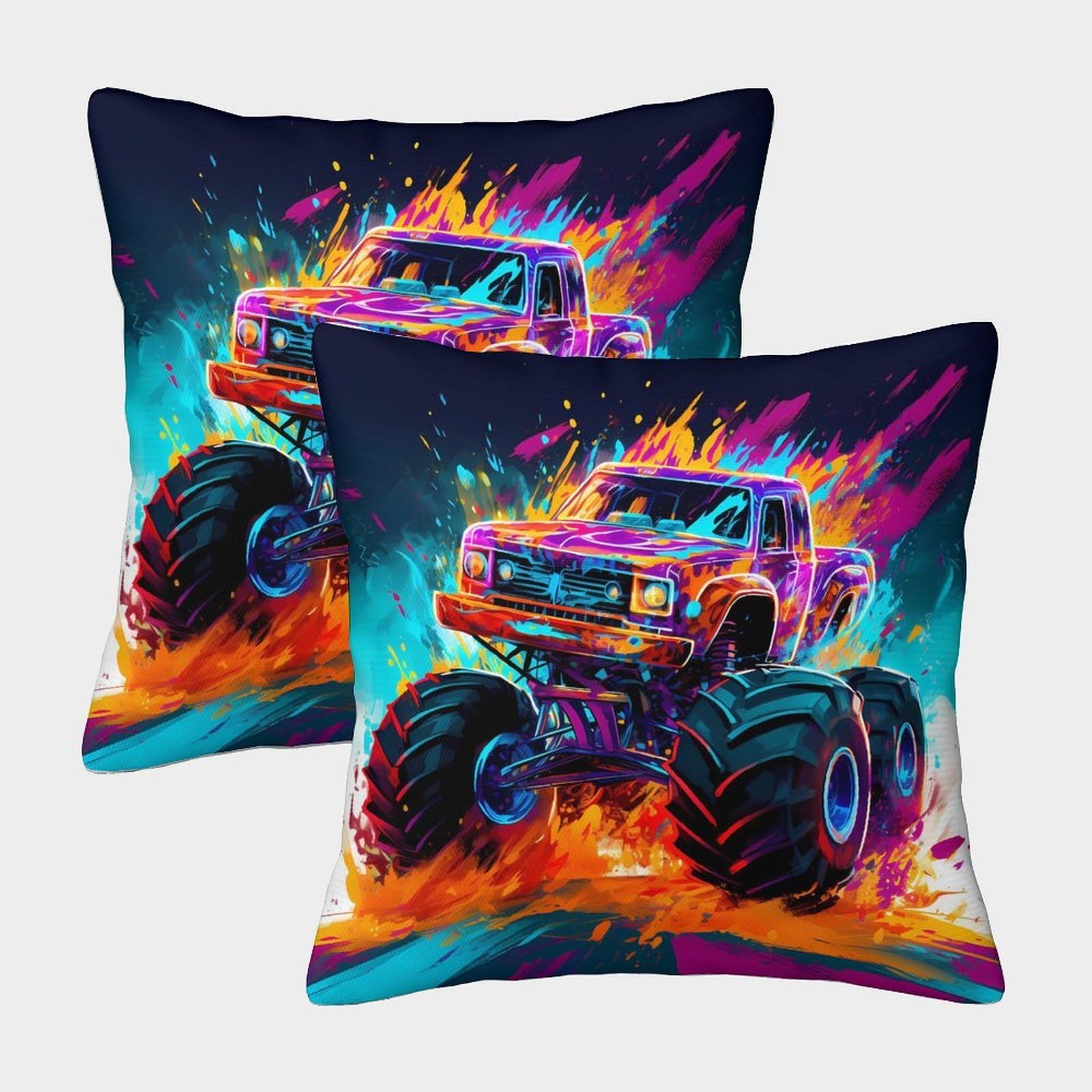 QFVANSIYO 3D Printed Monster Truck Pillowcase Microfiber Bedroom Bedding Decor Monster Truck Pillow Cover Soft Skin-Friendly for Adults Teens 40x40cm