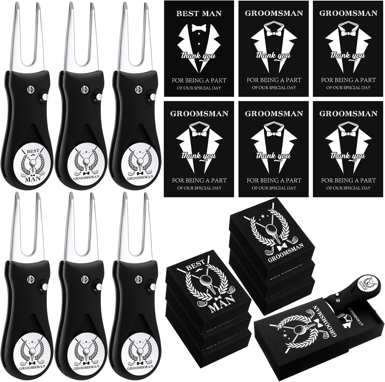 Seenelling 6 Sets Groomsmen Golf Proposal Gifts Box, Include Groomsman Divot Tool with Groomsman Golf Ball Marker, Thank You Card and Groomsmen Boxes for Wedding Groomsman Best Men Gifts Proposal Gift