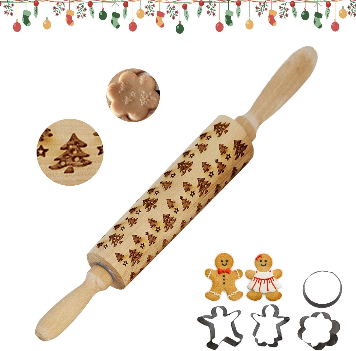 Embossed Rolling Pins with Design Christmas 3d Rolling Pin Wooden Decorative Rolling Pins for Baking Cookies Pastry
