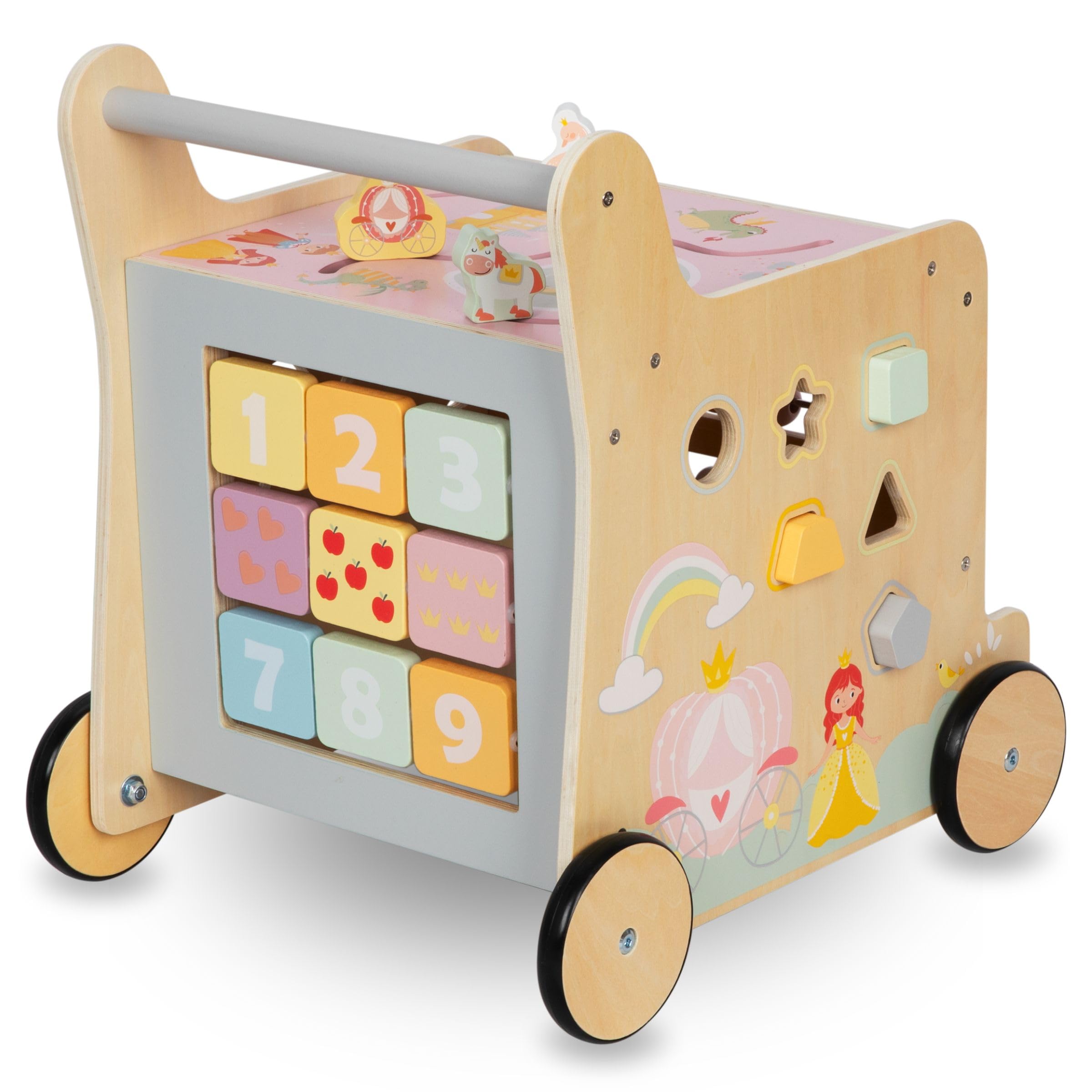 Mamabrum Girello in Legno per Bambini, Spingitore 2in1, Cubo Motore, Giocattolo per la Prima Educazione: Cavalcabile, Selezionatore, Labirinto, Abaco, Blocchi con Numeri, Cursore, Ruote Antiscivolo