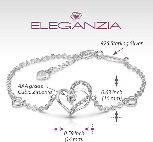 Miniatura 2 de ELEGANZIA Pulsera de corazón de plata esterlina para mujer, circonita cúbica, dije de amor, eternidad, joyería, aniversario, cumpleaños, San