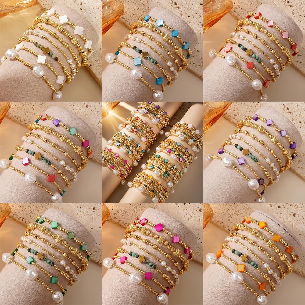 Dainty Cross Clover Gold Beaded Pearl Bracelet Stack for Women,Handmade Boho Gold Plated Beads Stretch Stackable Bracelets Fashion Birthday Prom Jewelry Accessories Gift Friendship - Image 6