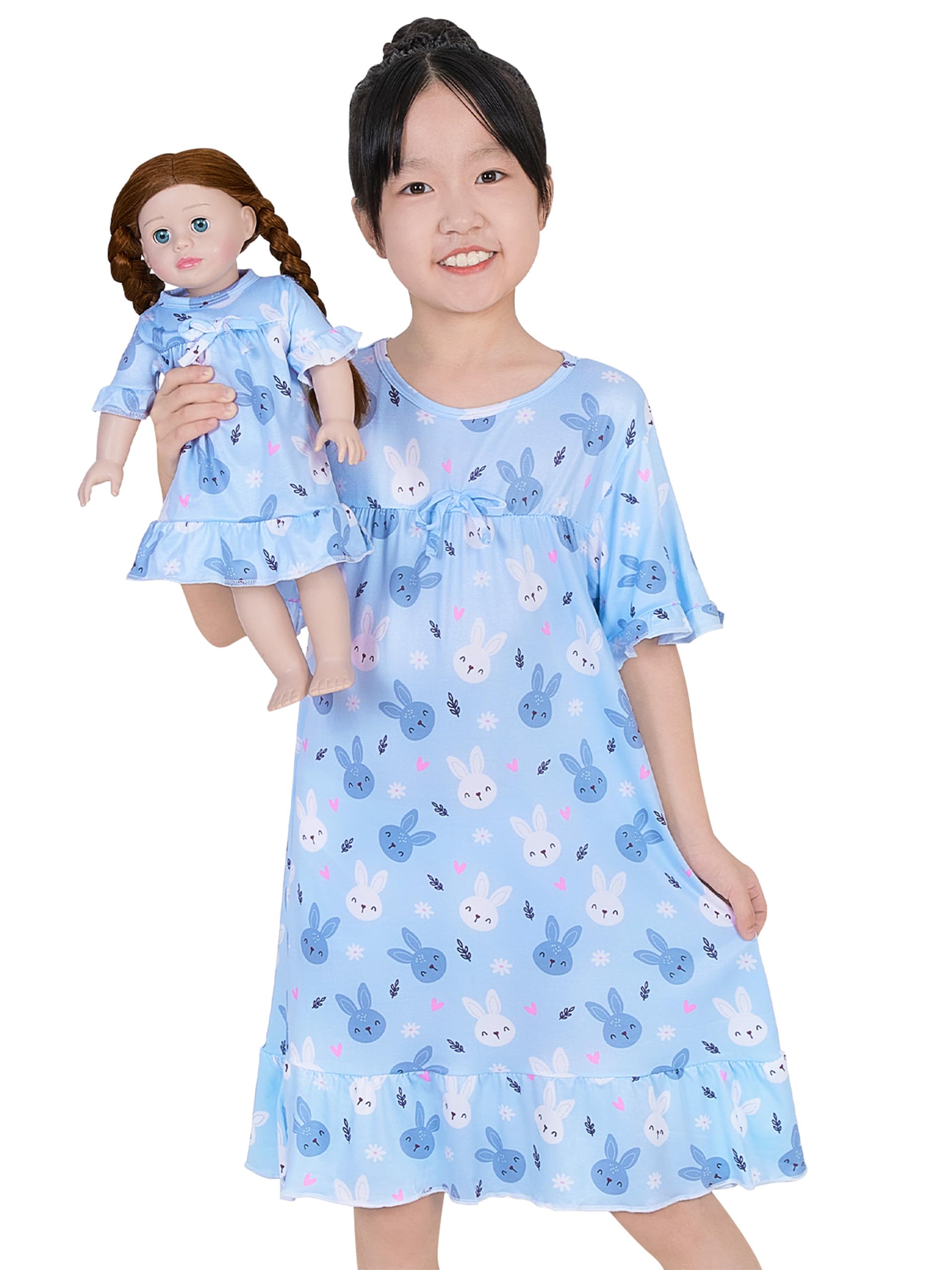 MHJY Matching Girls & Doll Nightgowns Vintage Short Sleeve Sleepwear Pajamas Dress for Girls and 18" Girl Doll