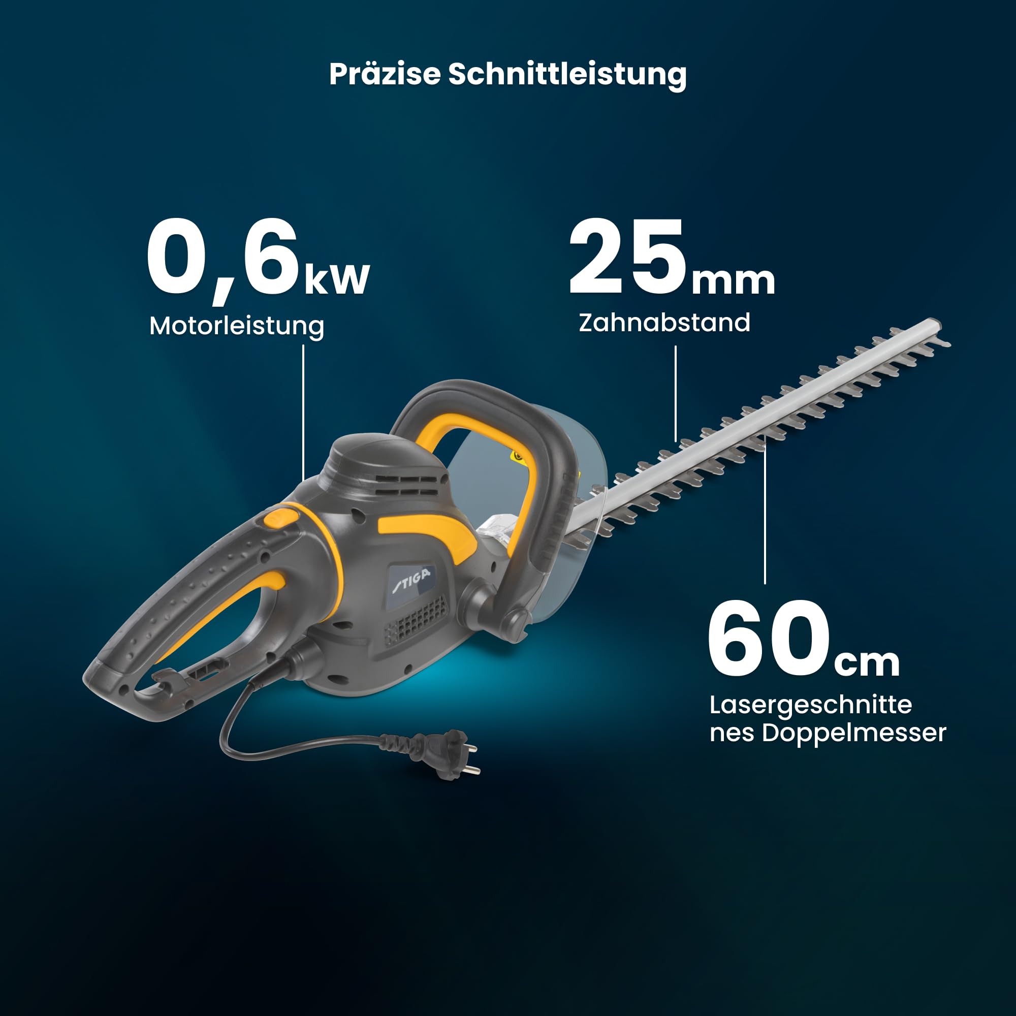 STIGA HT 106c Elektro-Heckenschere, 600 W, 60 cm – Doppelmesser, 180° Drehbarer Griff (3 Positionen) – Für Hecken