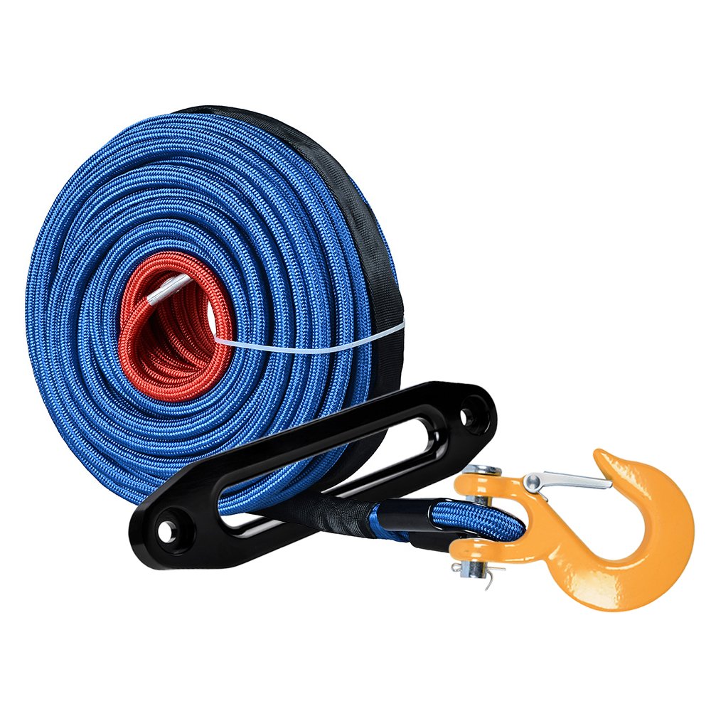 Set 95ft x 3/8 inch (LUE Synthetic Winch Rope Cable 22000LBs w/Heat and Rock Guard + Yellow Clevis Hook + Anodized Black 10