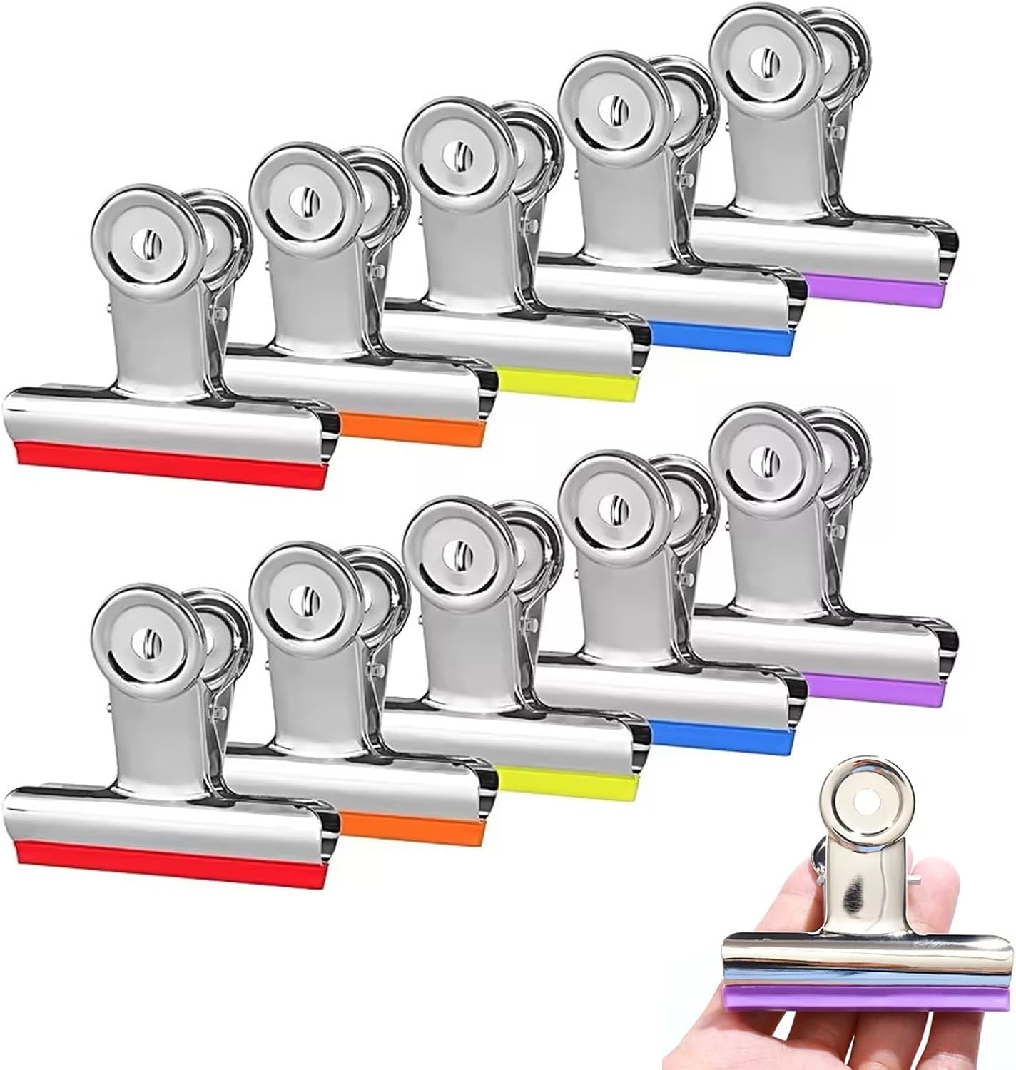 3 Inch Extra Large Bulldog Clips Covered with Silicone, 10 Pack, 75 mm, Silver, Chip Clip, Binder Clips, Fold Clamps for Food Bags, No More Sharp Edges