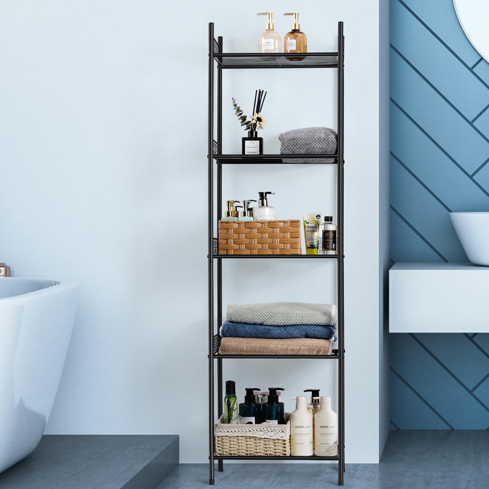 Scaffalatura Metallica BestOffice 5 Ripiani – Filo Resistente, 35x60x154 Cm, Nero, Per Bagno, Ufficio, Cucina
