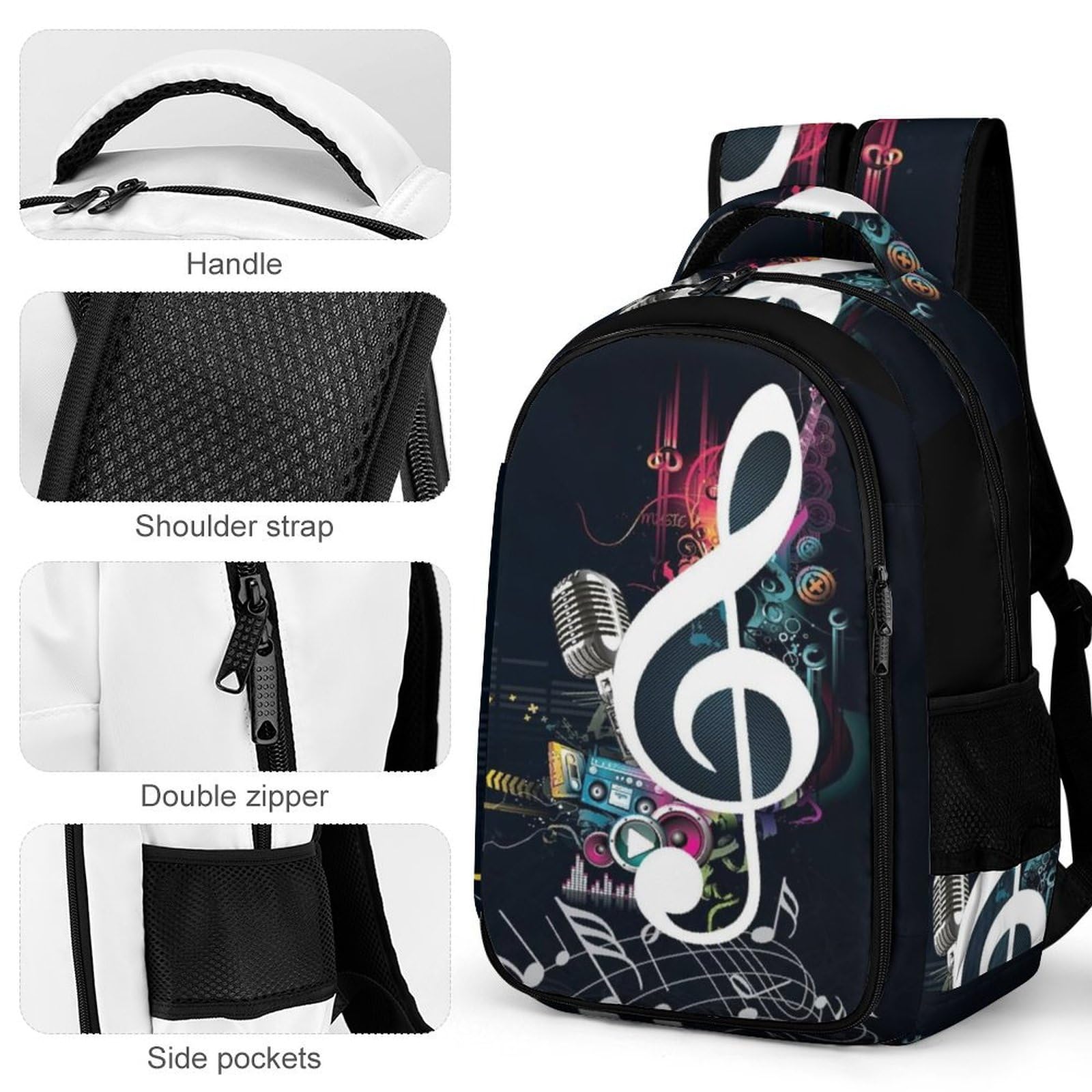 Tagesrucksack, Notenmusik-Rucksack, Rucksack mit Taschen für Wandern, Camping, Reisen, Musiknoten, One size