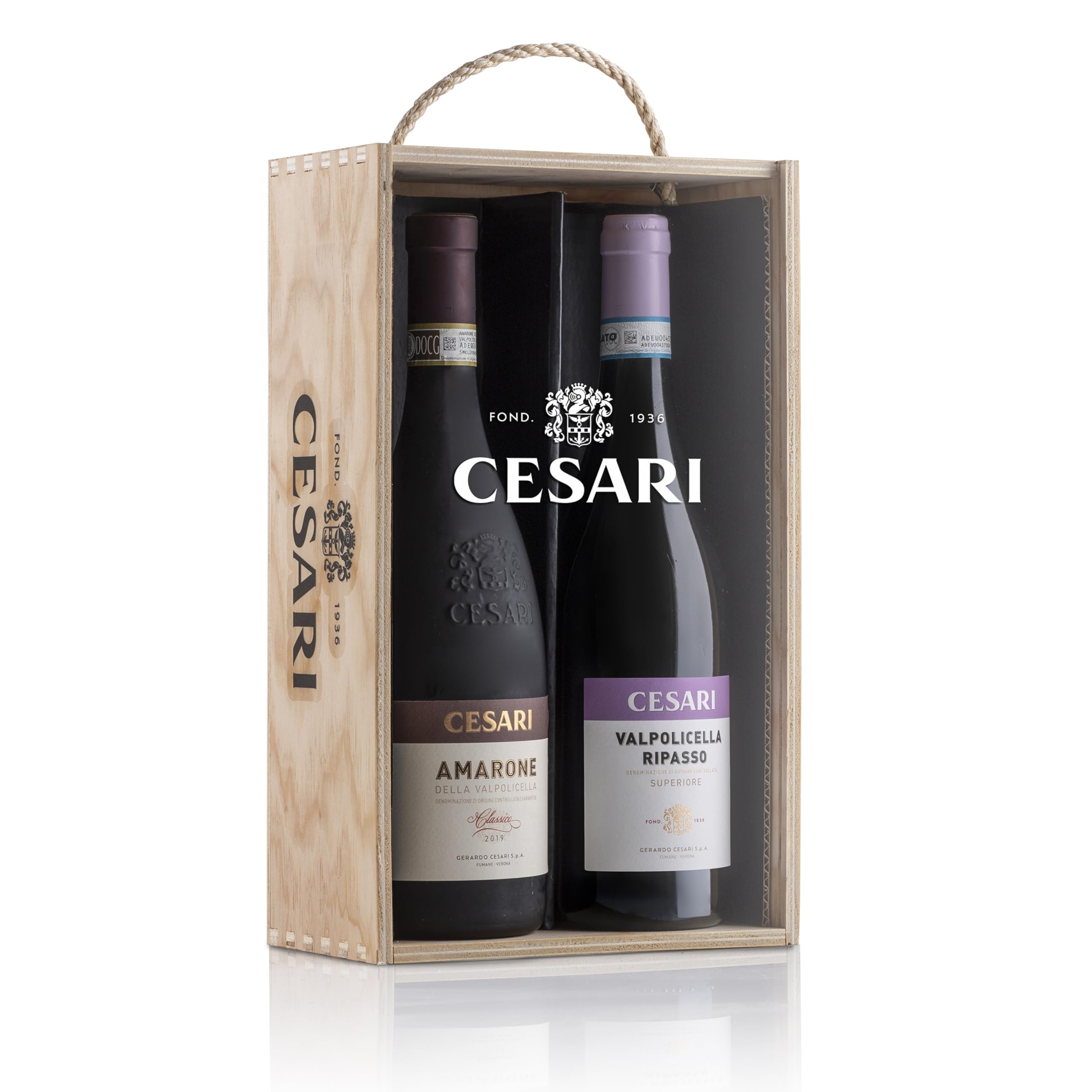Cesari Geschenkset in Holz- und Plexiglasbox, Amarone della Valpolicella Classico DOCG 2021 und Valpolicella Ripasso DOC Superiore 2022, 2 Flaschen à 750 ml