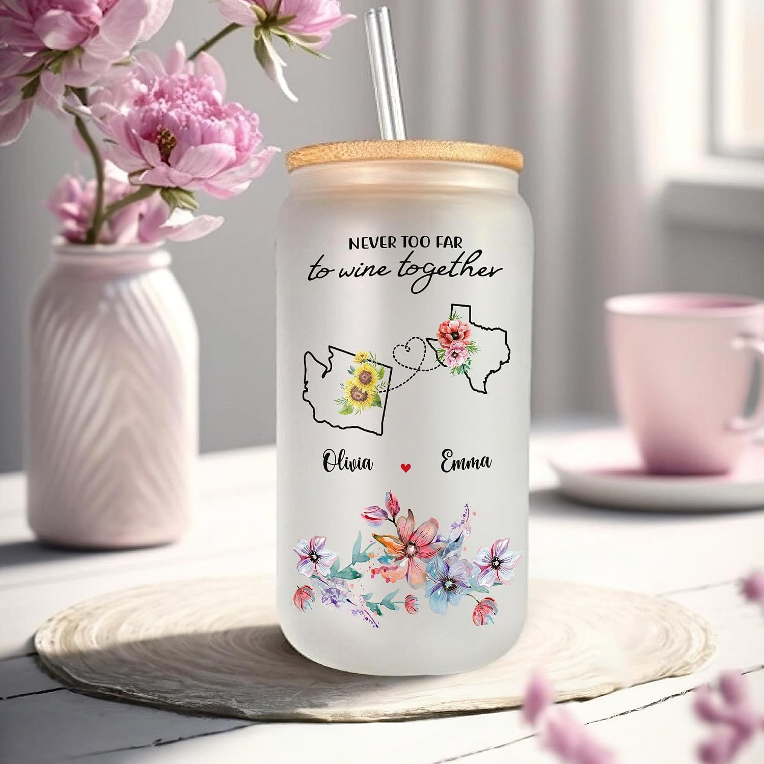 Gossby Long Distance Best Friend Gift - Personalized 16oz Friend Glass Tumbler for Women with Straw, Lid - Custom Friendship, Going Away, Goodbye, Farewell, Moving Away Gift - Never Too Far To Wine